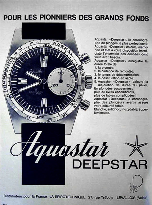 Aquastar Deepstar 10ATM Genève - Montre Vintage Chronographe Valjoux 23 Diver Big Eye - 1960