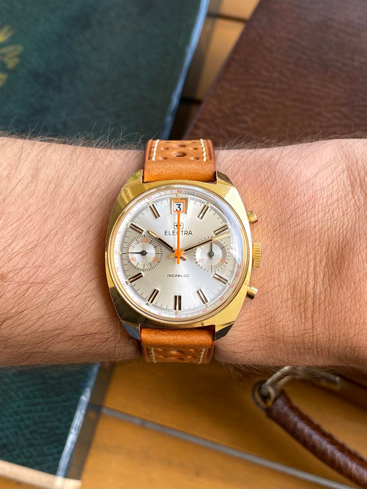 Electra Chronographe Montre Vintage Mécanique Valjoux 7734 Plaqué Or 1970