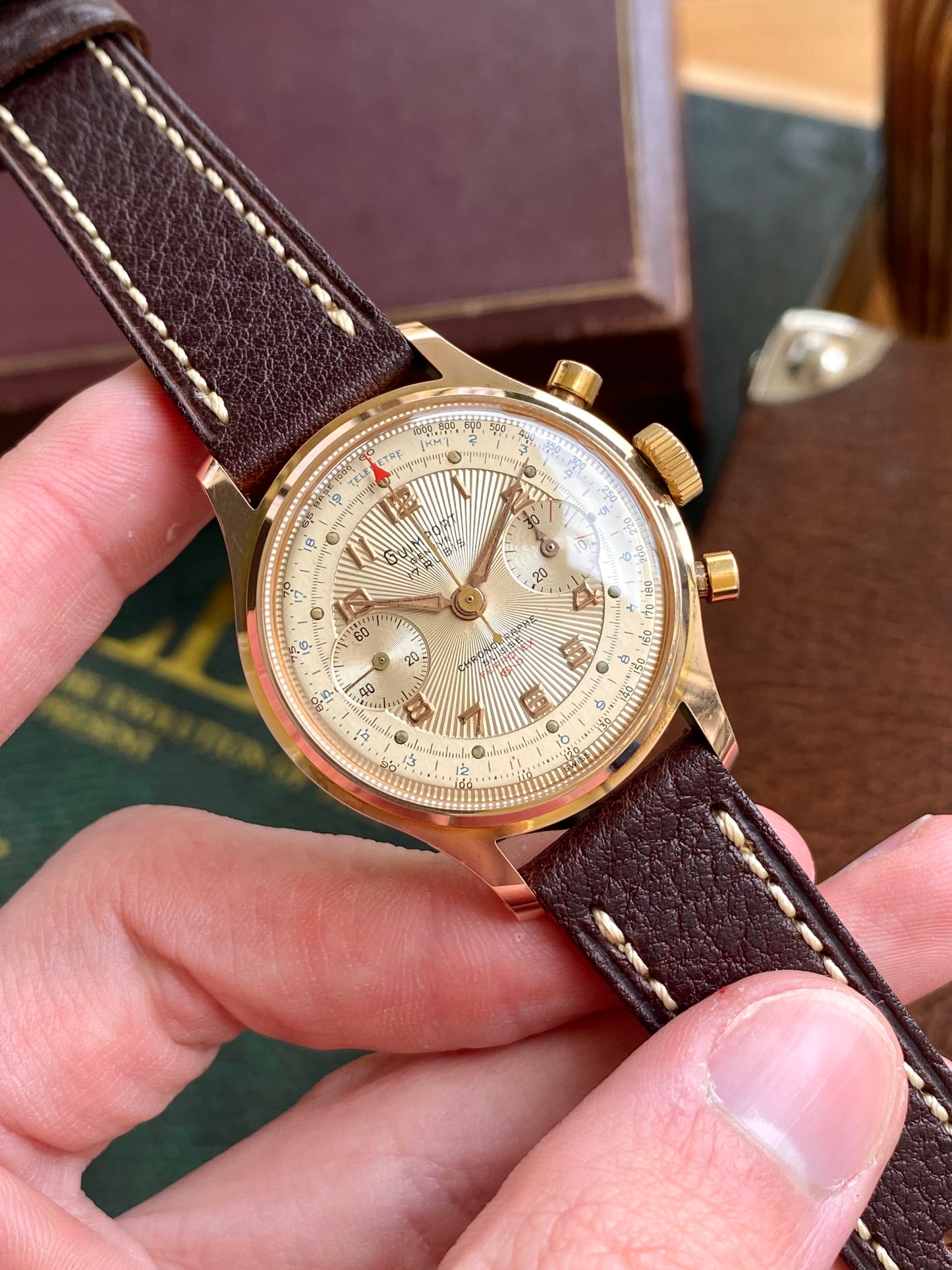 Guimport Genève Chronographe Suisse - Montre Vintage Mécanique Cadran Guilloché Plaqué Or - Landeron 151