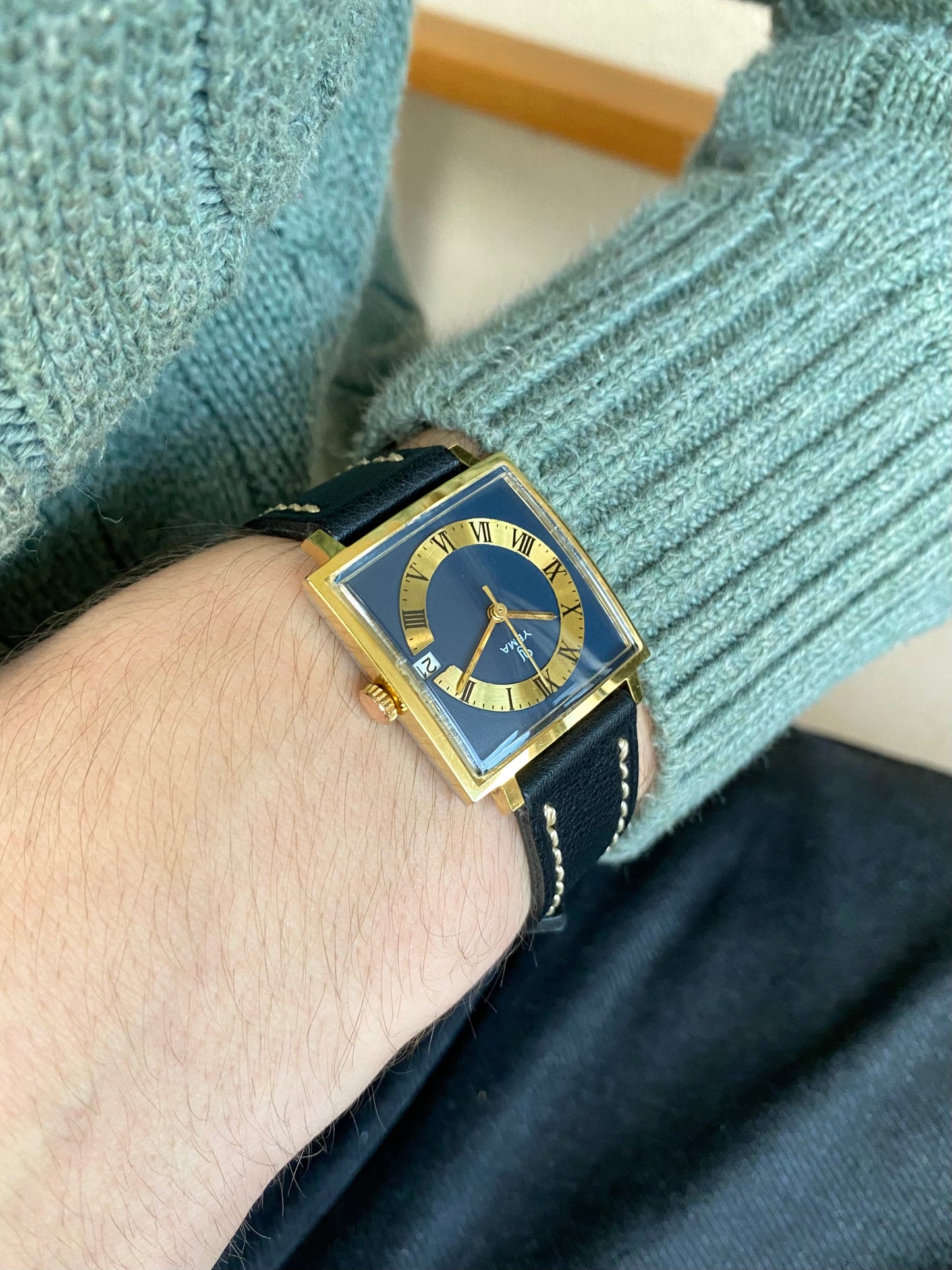 Yema Montre Vintage Mécanique Plaqué Or Cadran Bleu Marine 1960