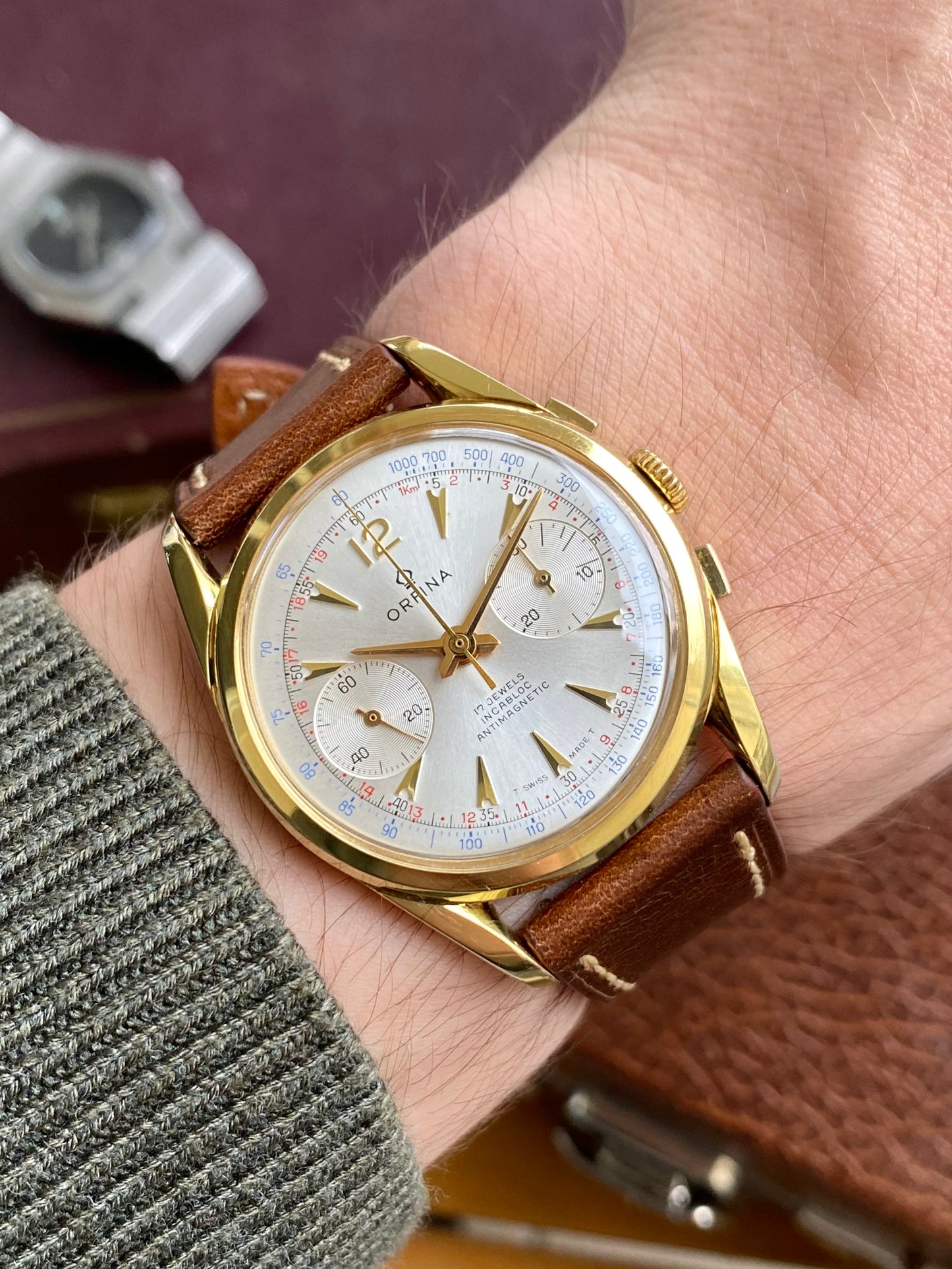 Orfina Montre Chronographe Suisse Landeron 248 Plaqué Or Vintage Mécanique 1960