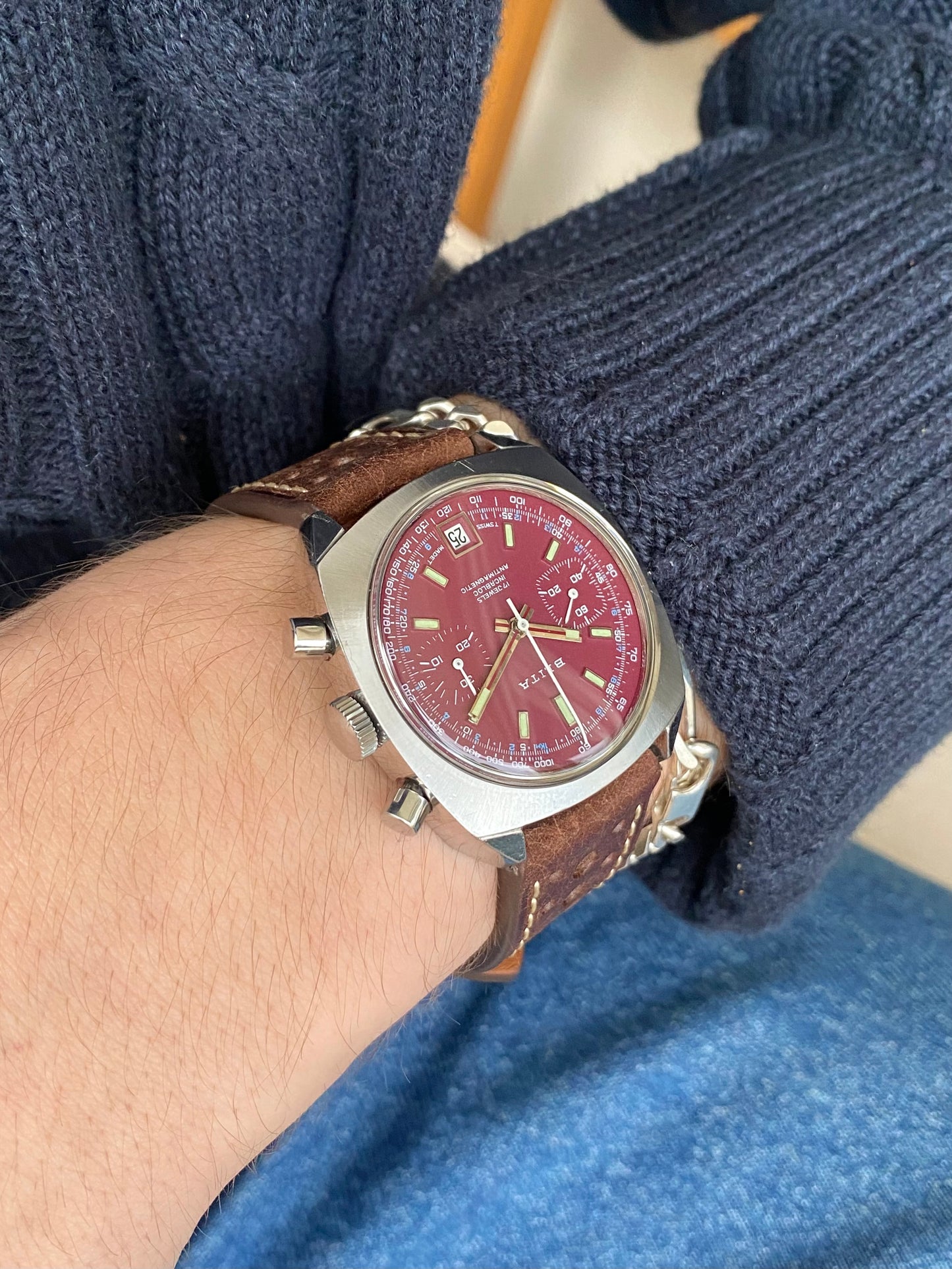 Blita Montre Vintage Chronographe Mécanique Valjoux 7734 - Cadran Bordeaux Sport Rallye 1970