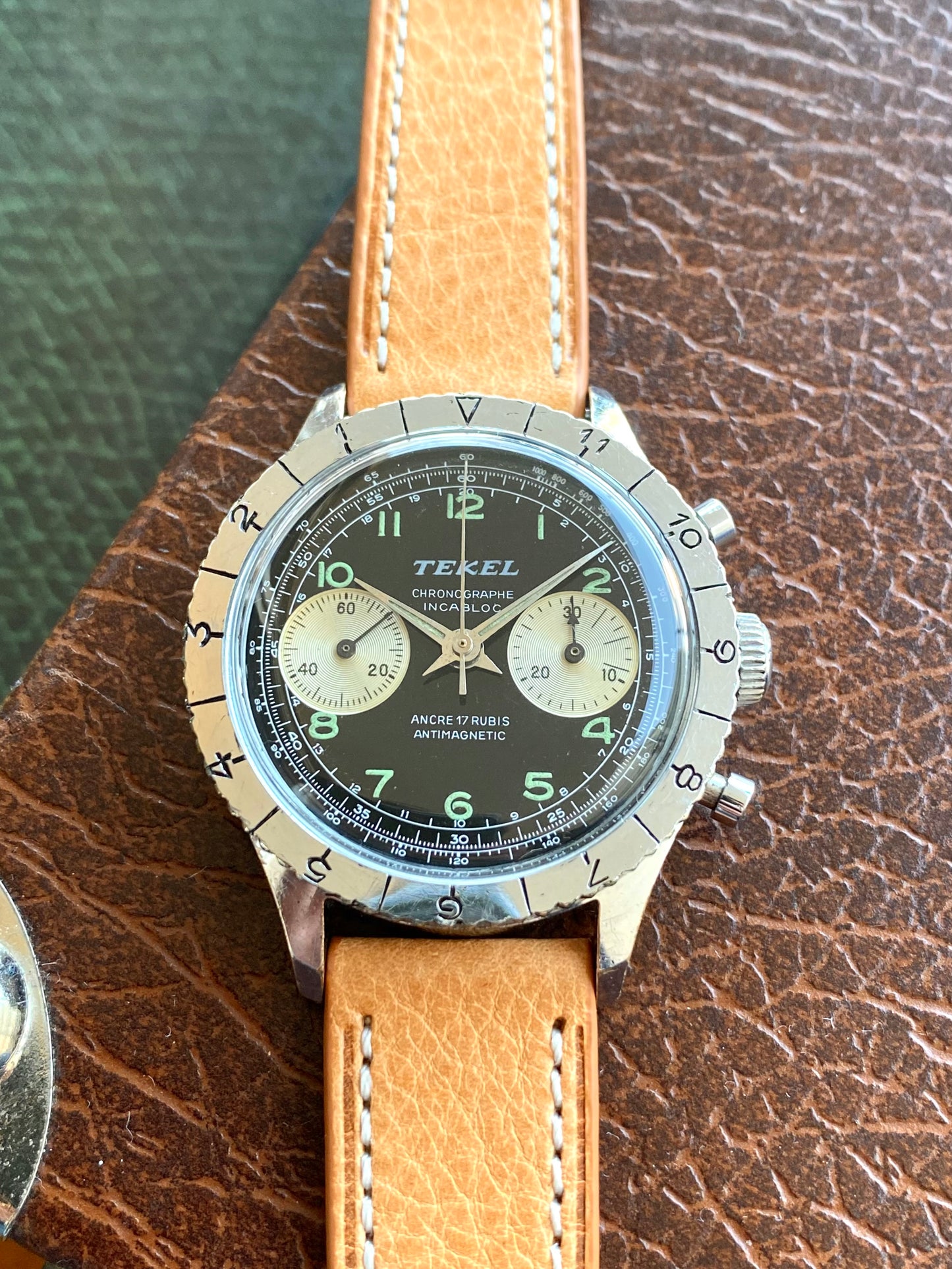 Montre Chronographe Aviation TEKEL - Montre Vintage Mécanique Landeron 248 - Cadran Noir Jumbo- 1960