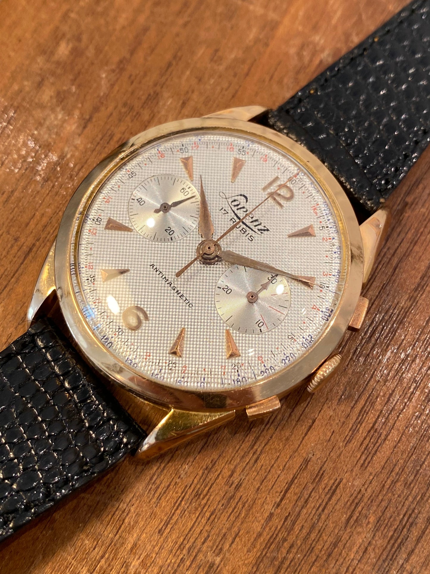 Lorenz Chronographe 18k Or Rose Nid d’abeille ￼Montre Vintage Mécanique 1950