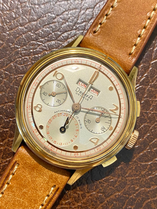 Dreffa Genève Chronographe Triple Date Calendar Landeron 59 - Lunette Tourante - Montre Vintage Plaqué Or 1950