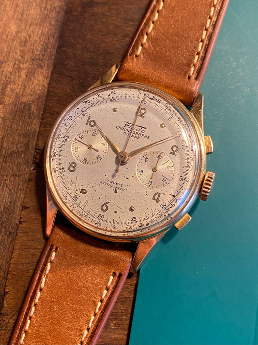 Fludo 18k Or Jaune 750/1000 Chronographe Suisse Landeron 51 Mécanique 1950