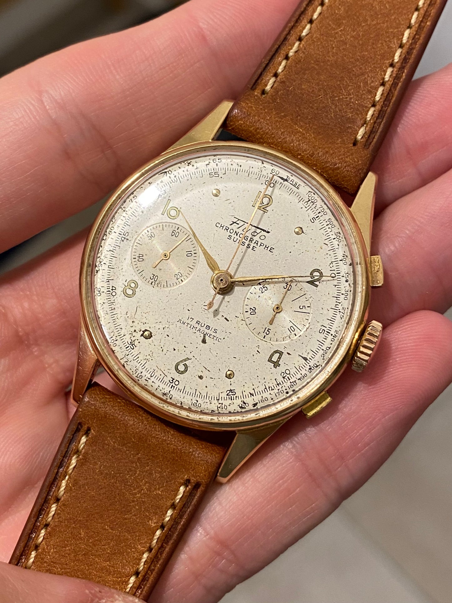 Fludo 18k Or Jaune 750/1000 Chronographe Suisse Landeron 51 Mécanique 1950