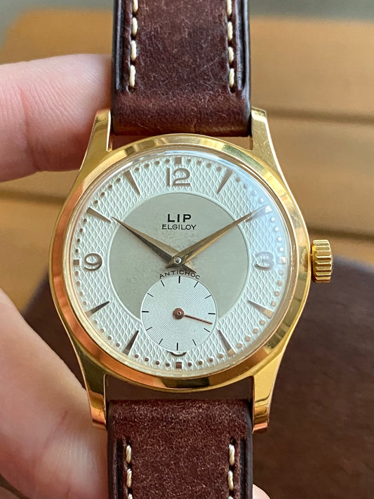 LIP Elgiloy PareChoc Cadran Guilloché "Nid d’Abeille" Plaqué Or Montre Vintage Mécanique France R25 1960