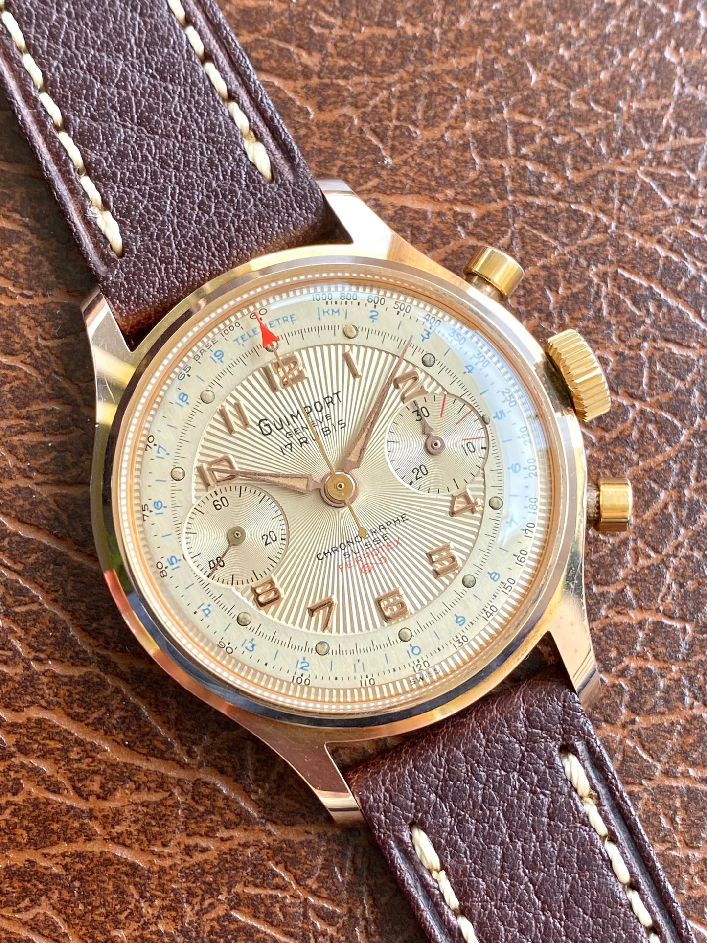Guimport Genève Chronographe Suisse - Montre Vintage Mécanique Cadran Guilloché Plaqué Or - Landeron 151