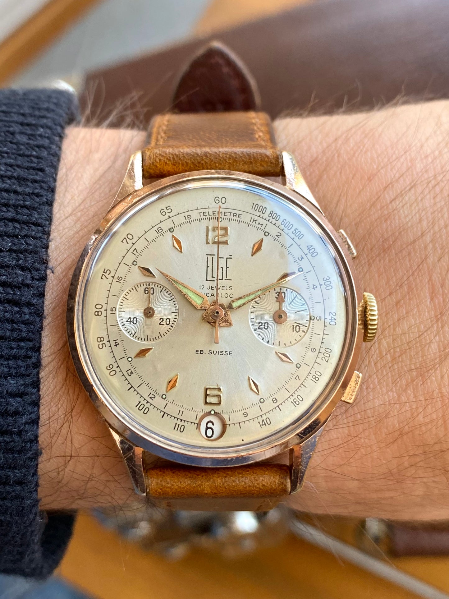 Elgé Ébauche Suisse Chronographe - Montre Vintage Mécanique Plaqué Or Landeron 187 - 1960