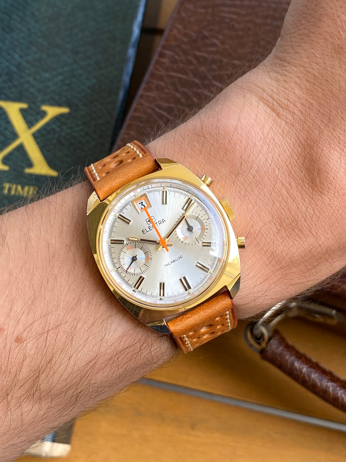 Electra Chronographe Montre Vintage Mécanique Valjoux 7734 Plaqué Or 1970