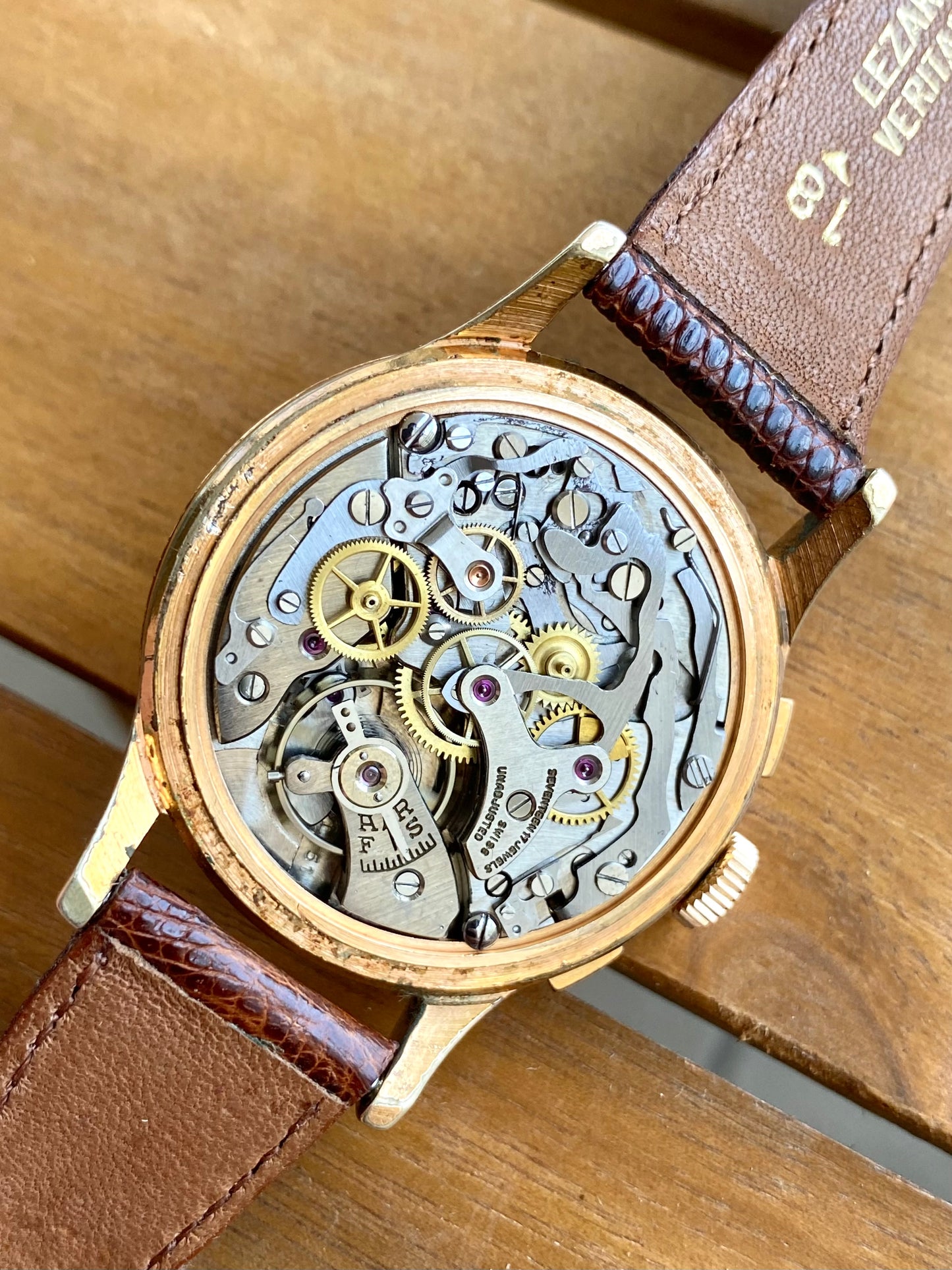 Chronographe Suisse Landeron 51 Plaqué Or Montre Vintage Mécanique Jumbo Size 1950