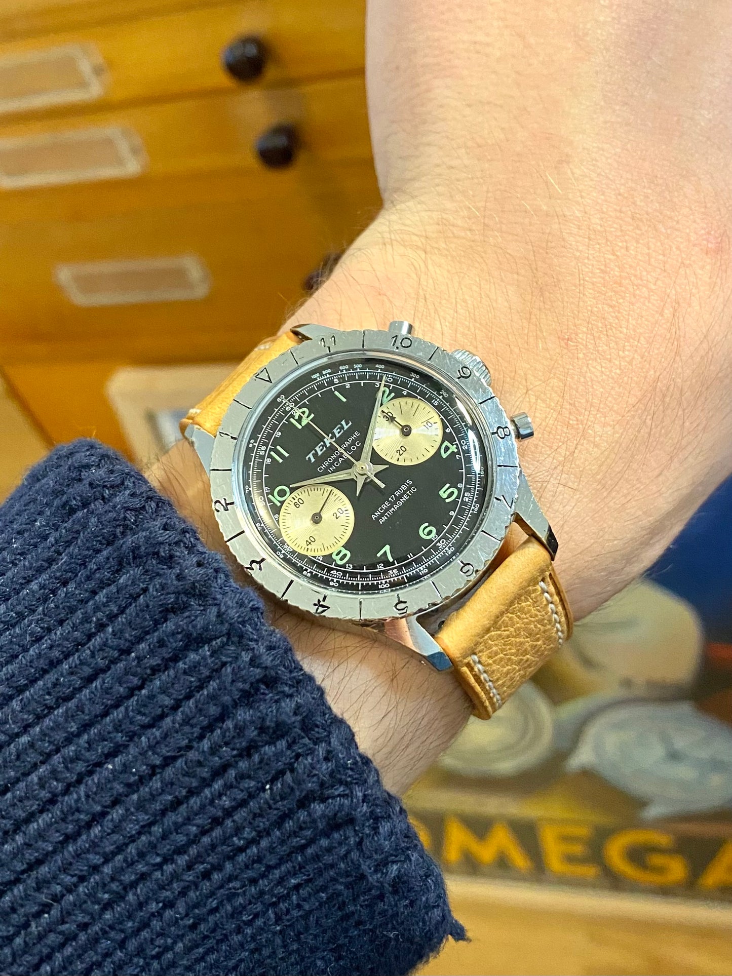 Montre Chronographe Aviation TEKEL - Montre Vintage Mécanique Landeron 248 - Cadran Noir Jumbo- 1960