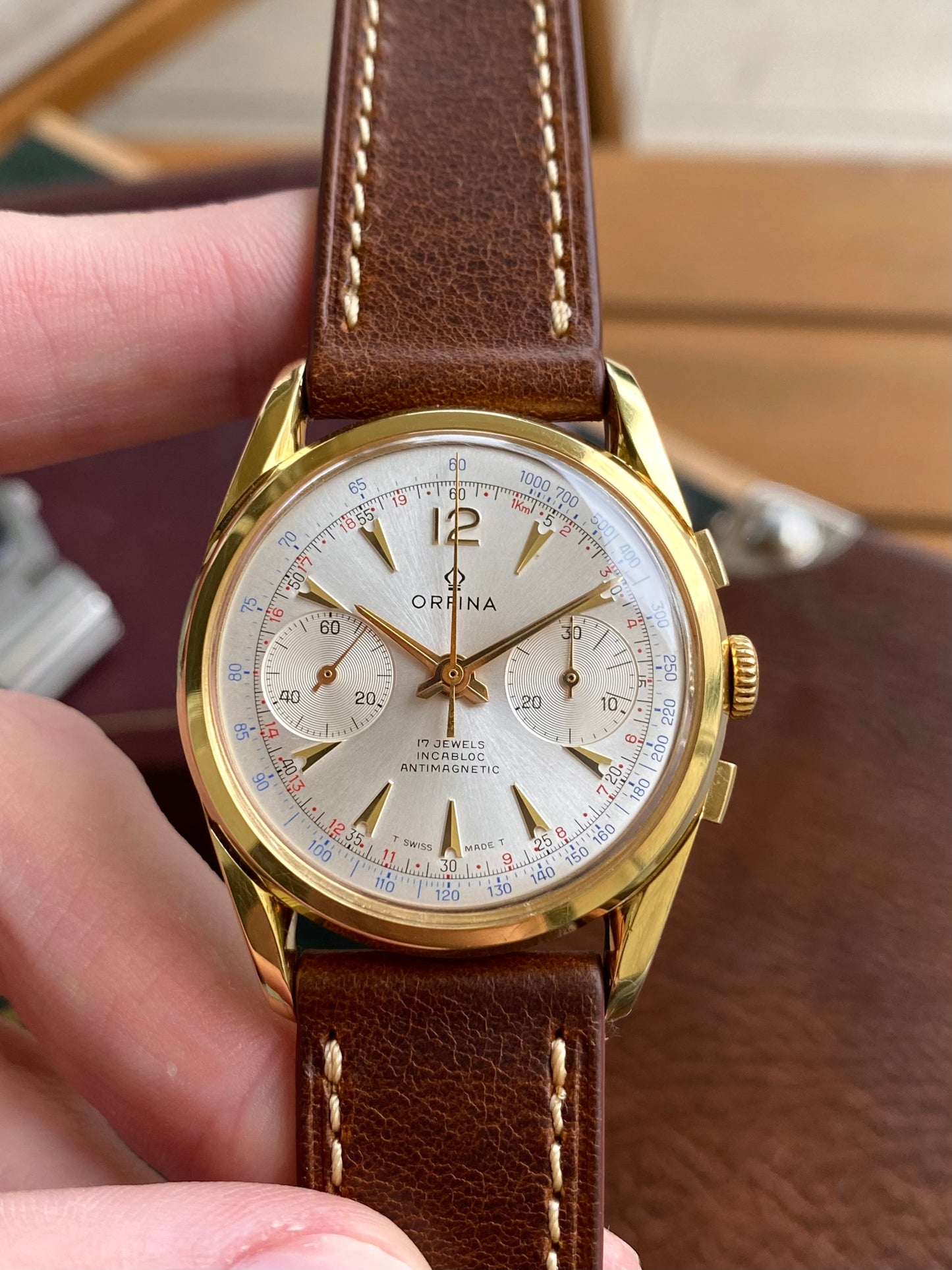 Orfina Montre Chronographe Suisse Landeron 248 Plaqué Or Vintage Mécanique 1960