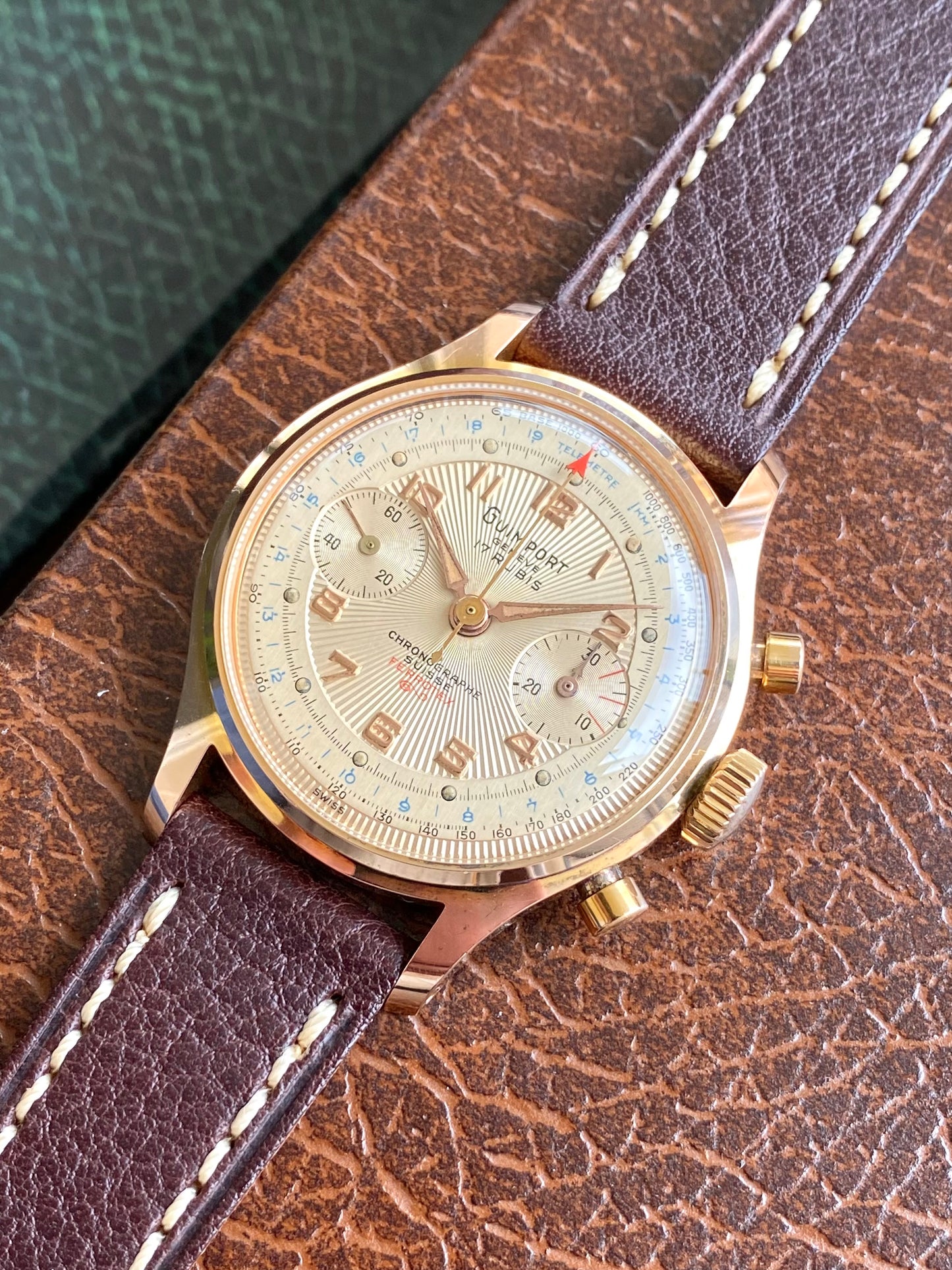 Guimport Genève Chronographe Suisse - Montre Vintage Mécanique Cadran Guilloché Plaqué Or - Landeron 151