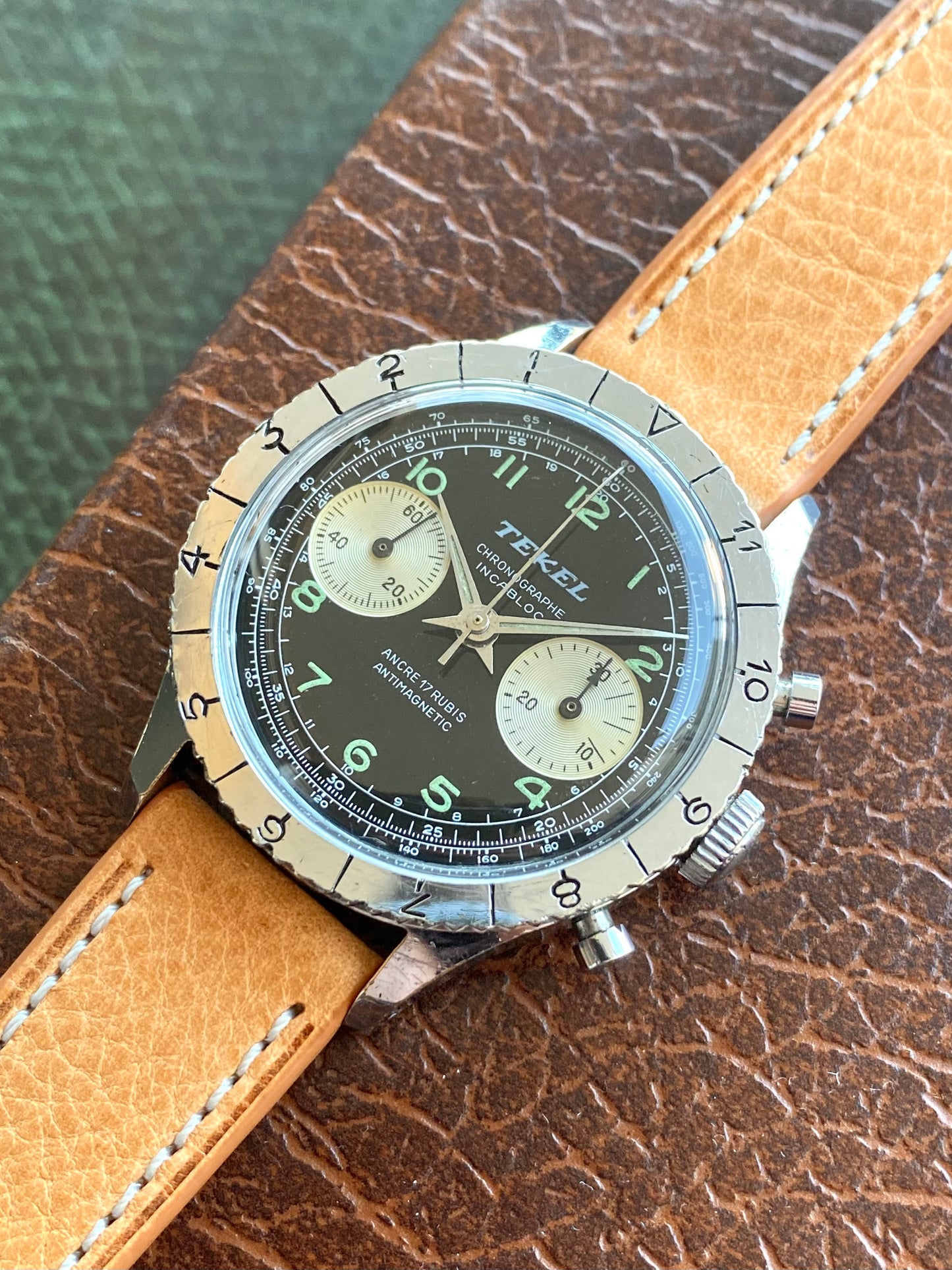 Montre Chronographe Aviation TEKEL - Montre Vintage Mécanique Landeron 248 - Cadran Noir Jumbo- 1960