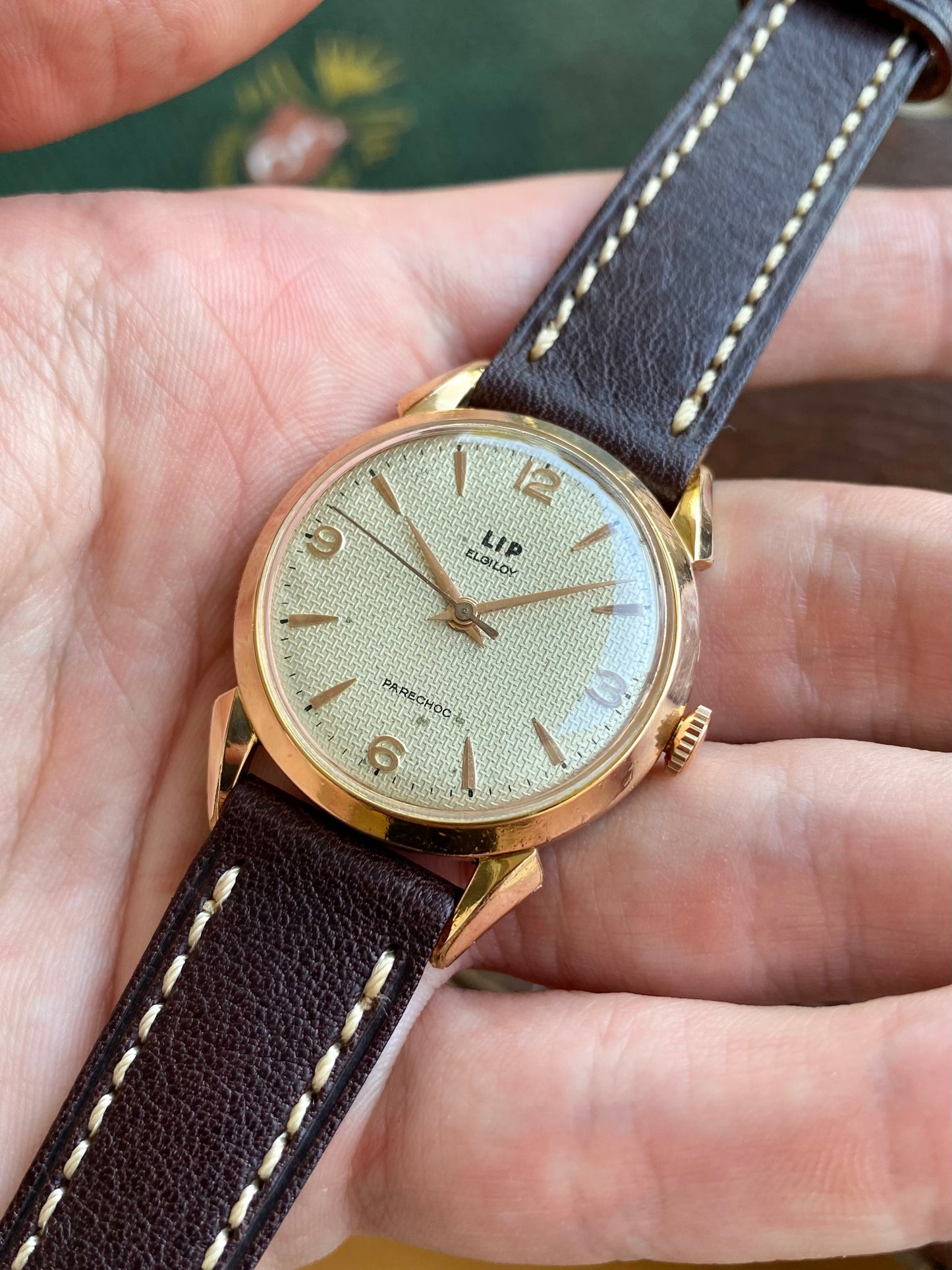 LIP Elgiloy PareChoc France R25 Montre Vintage Mécanique Cadran Guilloché Plaqué Or 1950