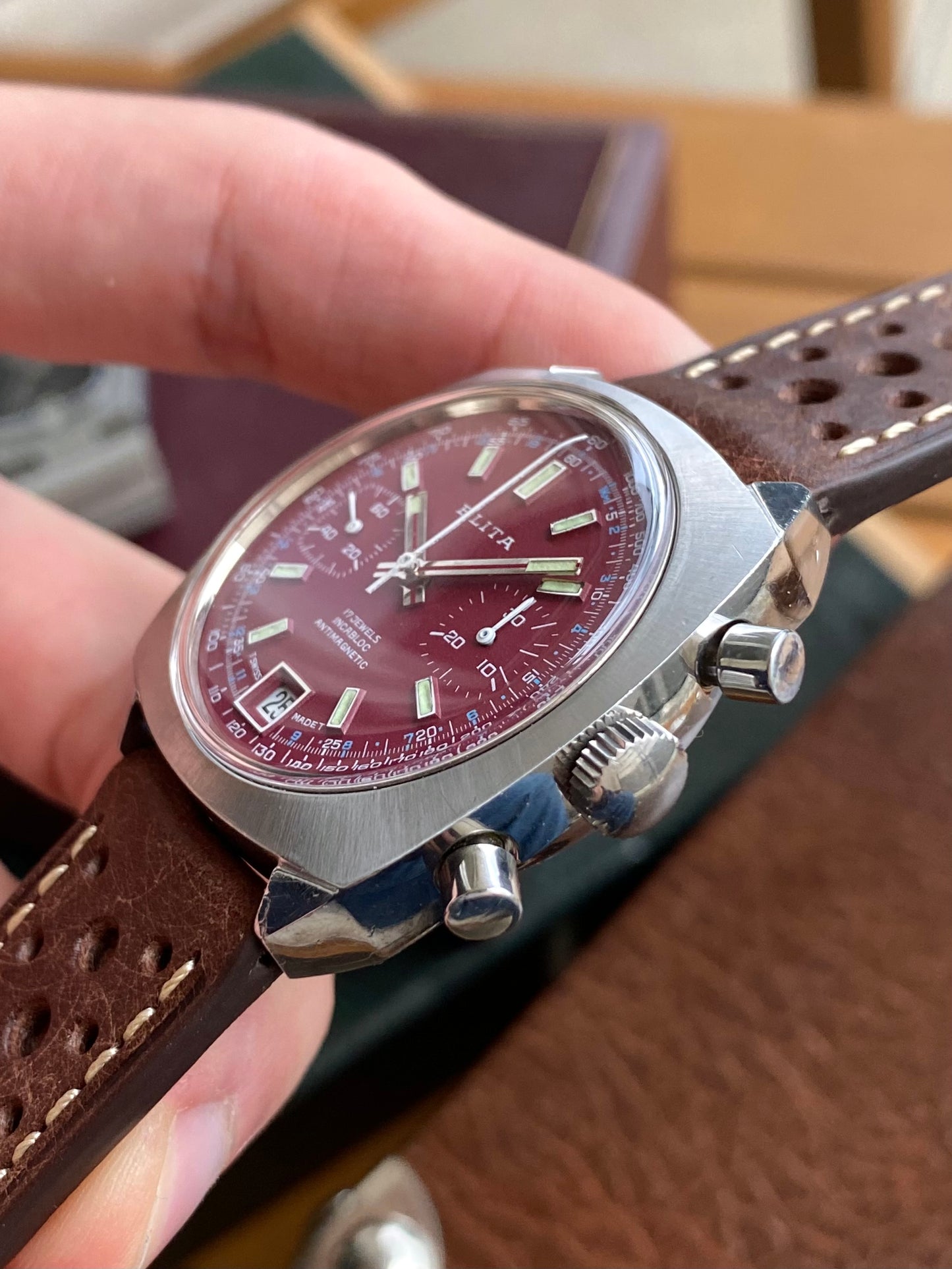 Blita Montre Vintage Chronographe Mécanique Valjoux 7734 - Cadran Bordeaux Sport Rallye 1970