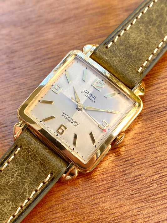 Onsa Swiss 21 Jewels Montre Vintage Carré Mécanique Plaqué Or 1960