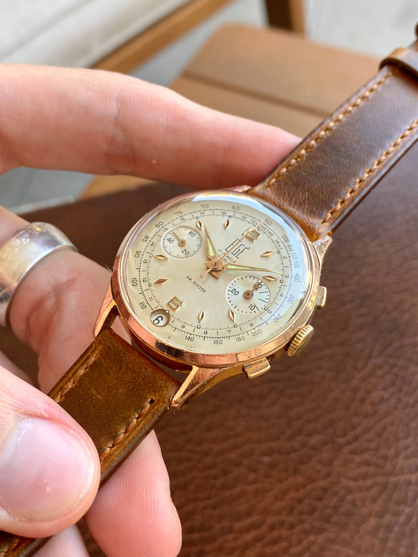 Elgé Ébauche Suisse Chronographe - Montre Vintage Mécanique Plaqué Or Landeron 187 - 1960