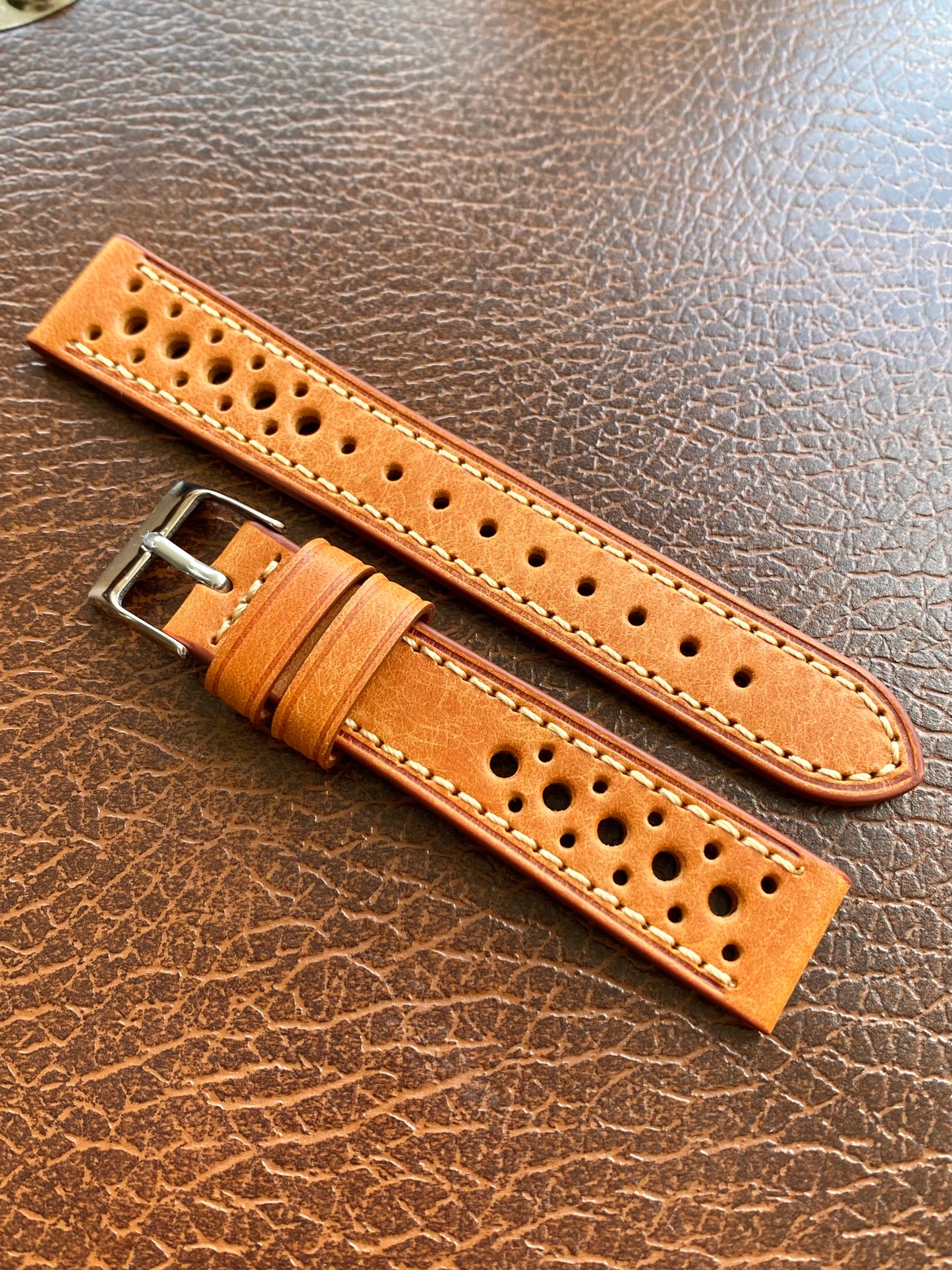 Bracelet de Montre Vintage - BRUN Rallye Sport 18mm - Cuir Véritable Ajouré