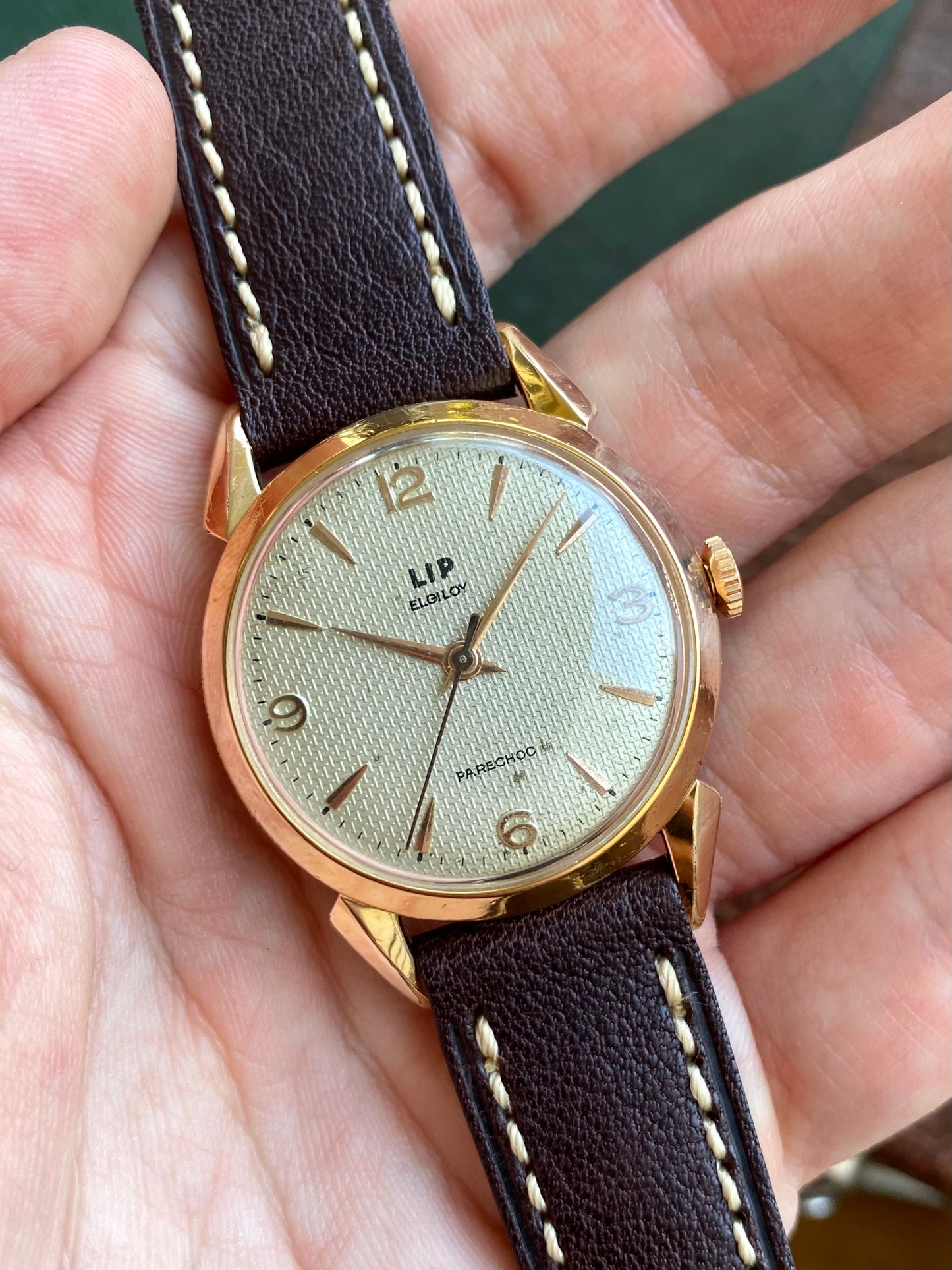 LIP Elgiloy PareChoc France R25 Montre Vintage Mécanique Cadran Guilloché Plaqué Or 1950