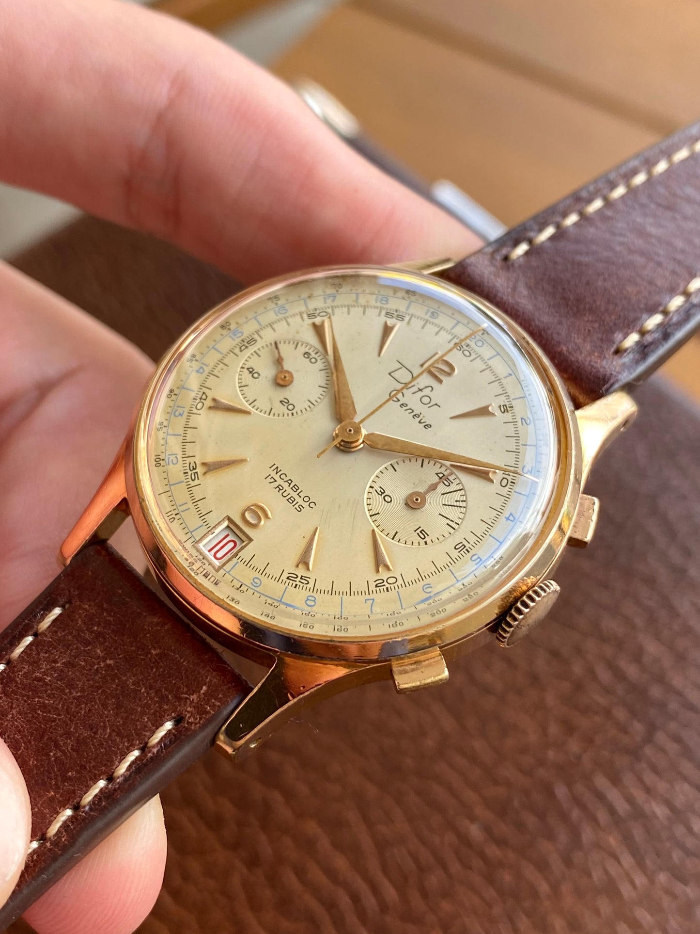 Difor Genève Chronographe Suisse Plaqué Or - Landeron 189 Date Montre Vintage Mécanique 1950