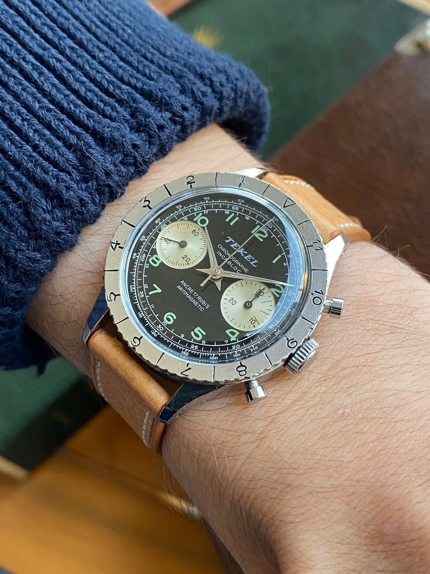 Montre Chronographe Aviation TEKEL - Montre Vintage Mécanique Landeron 248 - Cadran Noir Jumbo- 1960