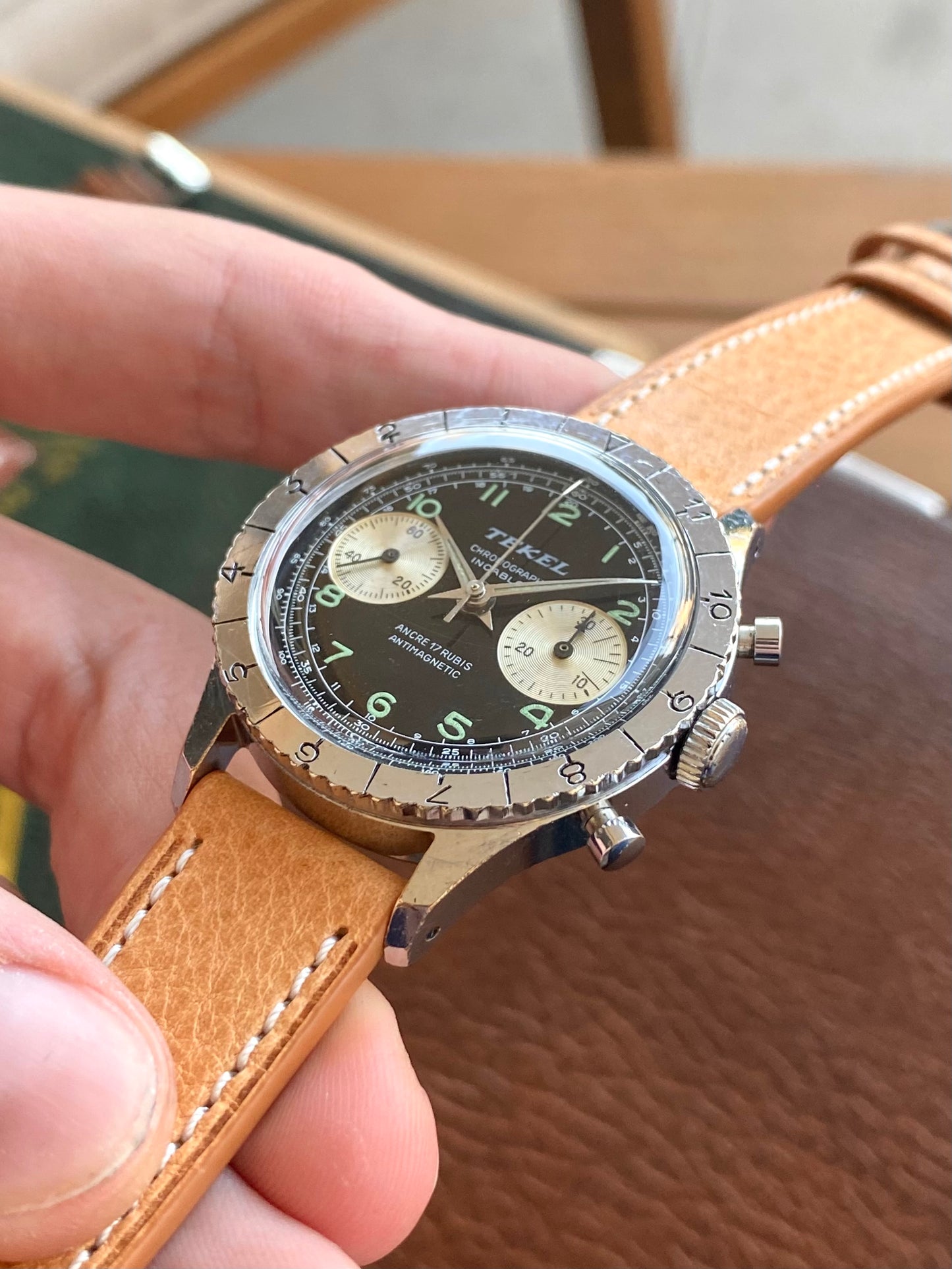 Montre Chronographe Aviation TEKEL - Montre Vintage Mécanique Landeron 248 - Cadran Noir Jumbo- 1960