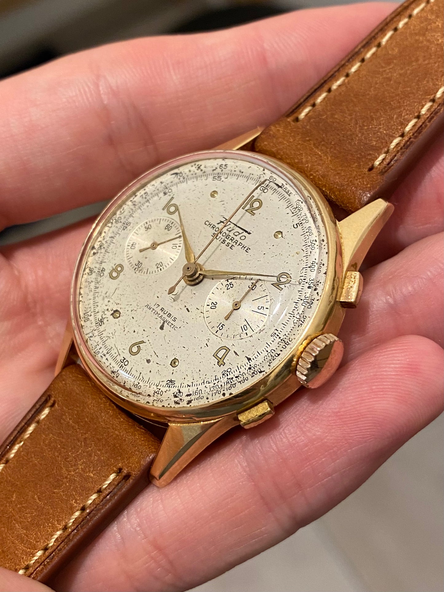 Fludo 18k Or Jaune 750/1000 Chronographe Suisse Landeron 51 Mécanique 1950