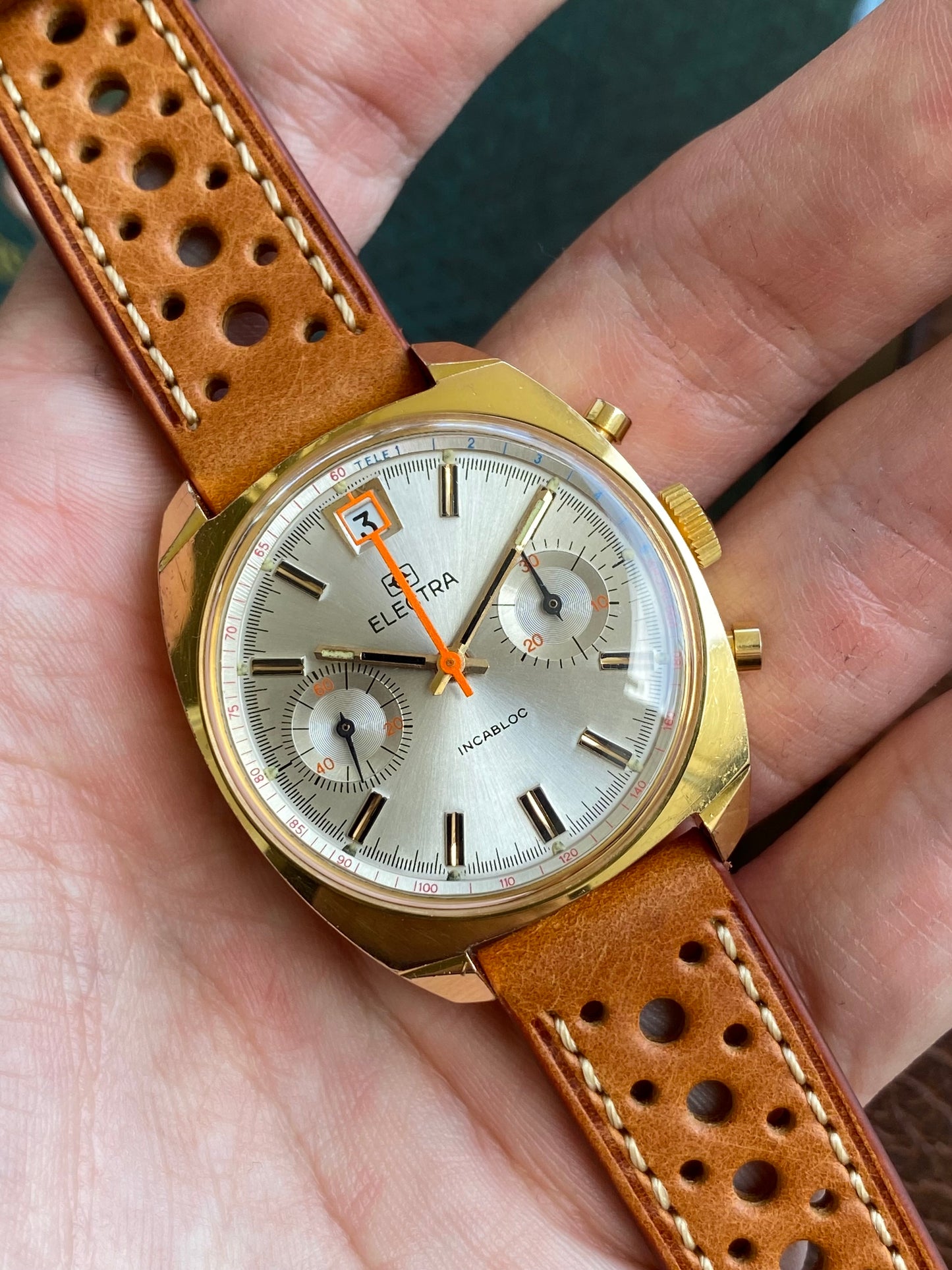 Electra Chronographe Montre Vintage Mécanique Valjoux 7734 Plaqué Or 1970