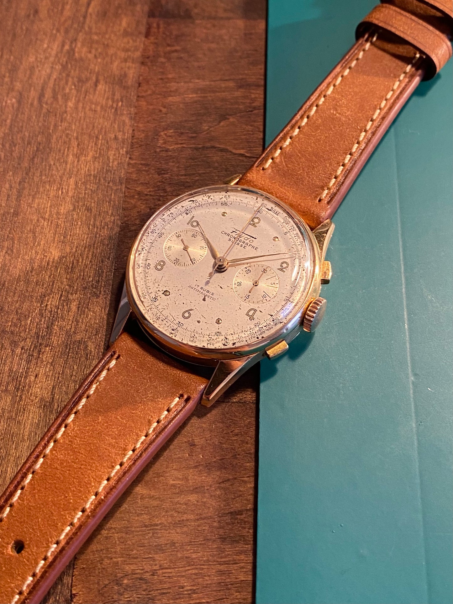 Fludo 18k Or Jaune 750/1000 Chronographe Suisse Landeron 51 Mécanique 1950