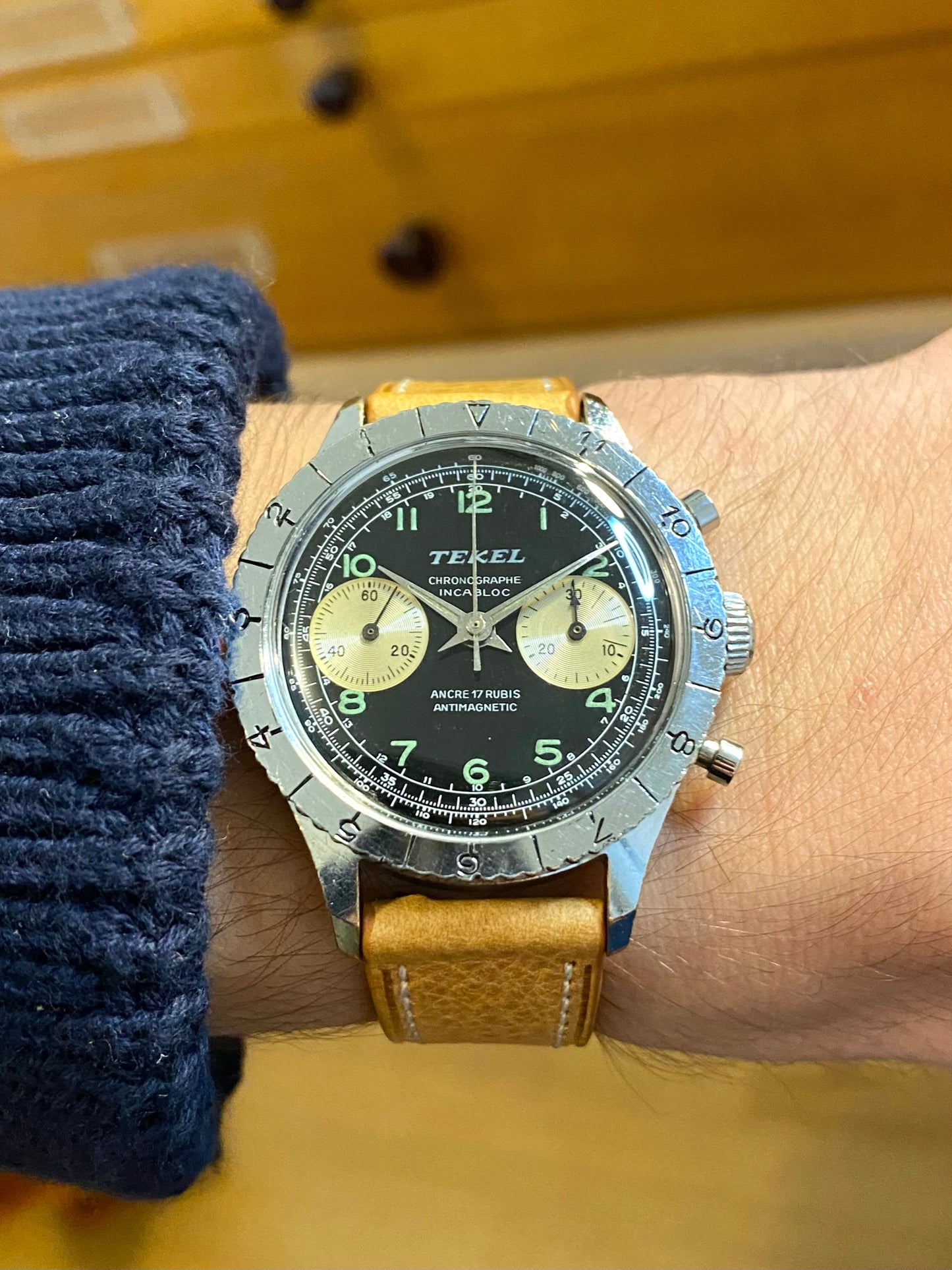 Montre Chronographe Aviation TEKEL - Montre Vintage Mécanique Landeron 248 - Cadran Noir Jumbo- 1960