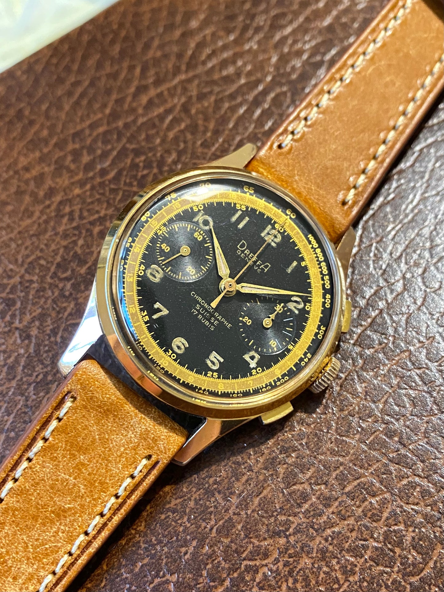 Dreffa Genève Chronographe Suisse Landeron 151 Plaqué Or Montre Vintage Mécanique 1950