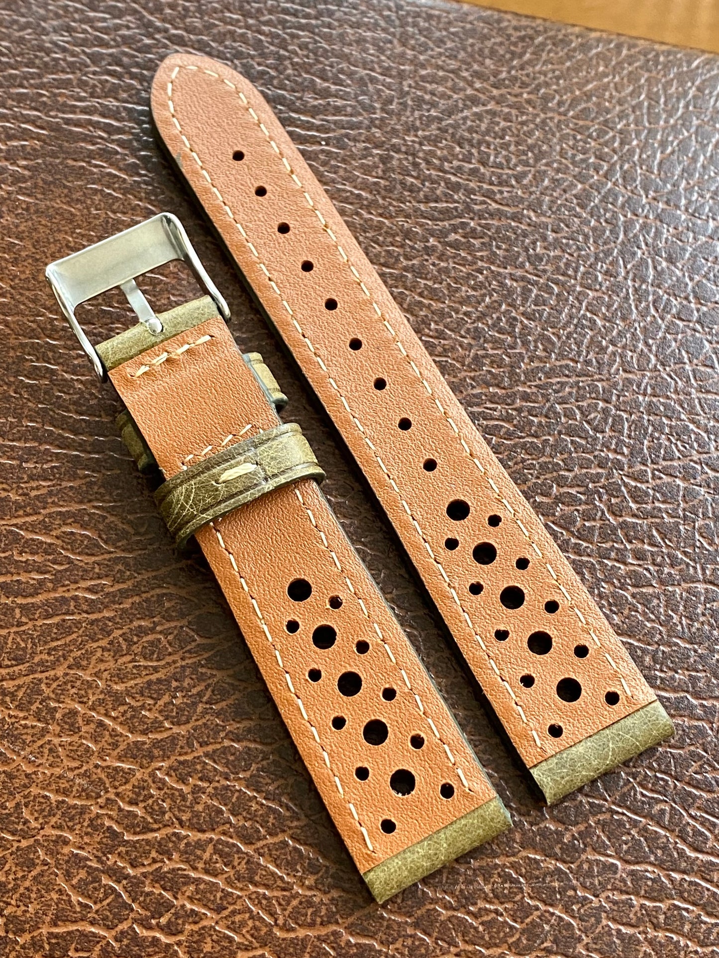 Bracelet de Montre Vintage - VERT Rallye Sport 18mm - Cuir Véritable Ajouré