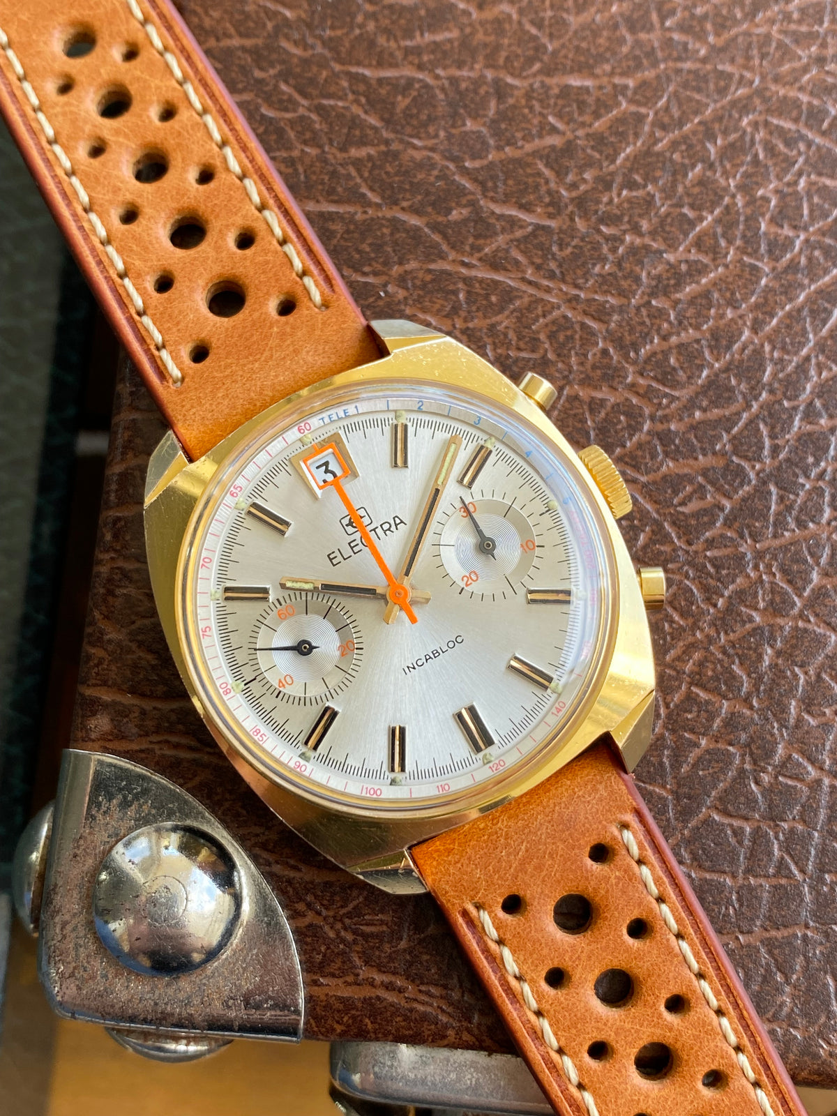 Electra Chronographe Montre Vintage Mécanique Valjoux 7734 Plaqué Or 1970