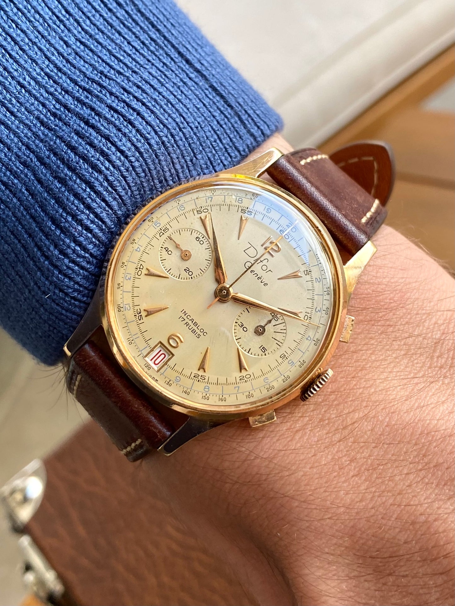 Difor Genève Chronographe Suisse Plaqué Or - Landeron 189 Date Montre Vintage Mécanique 1950