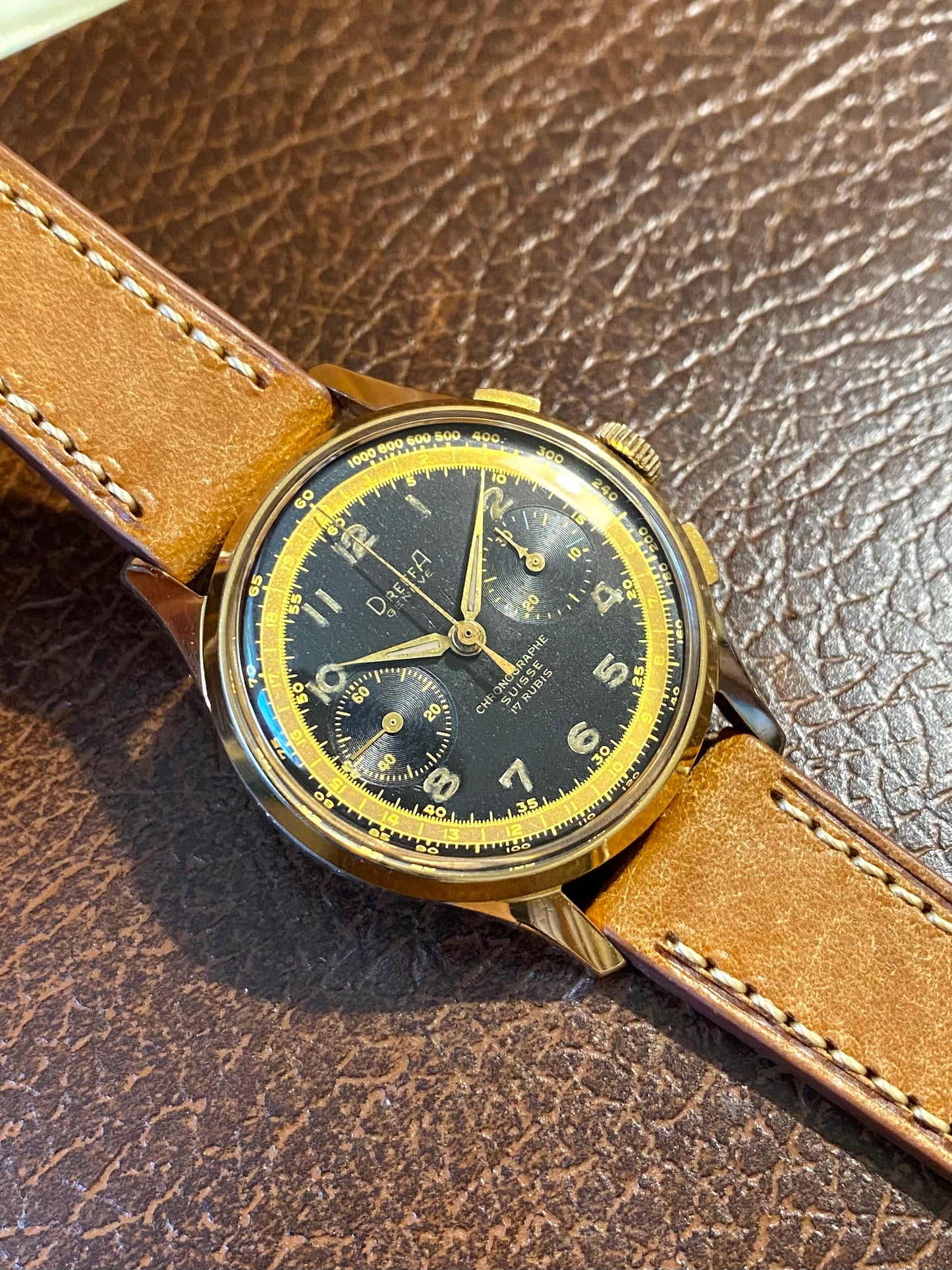 Dreffa Genève Chronographe Suisse Landeron 151 Plaqué Or Montre Vintage Mécanique 1950