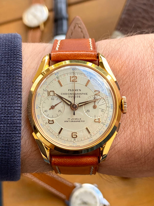 Florus Chronographe Suisse Landeron 51 Boîtier Plaqué Or Cornes de Vache - Montre Vintage Mécanique 1950