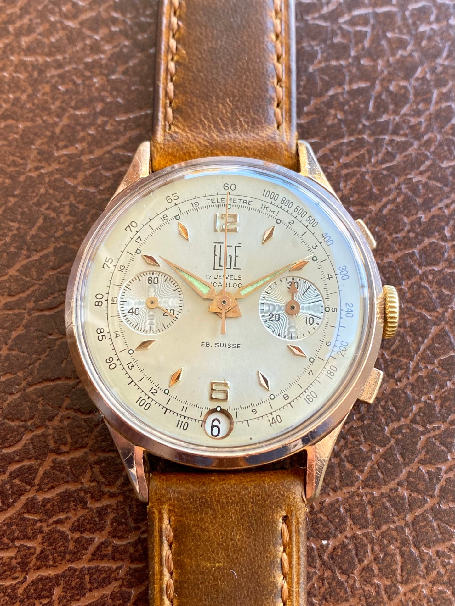 Elgé Ébauche Suisse Chronographe - Montre Vintage Mécanique Plaqué Or Landeron 187 - 1960