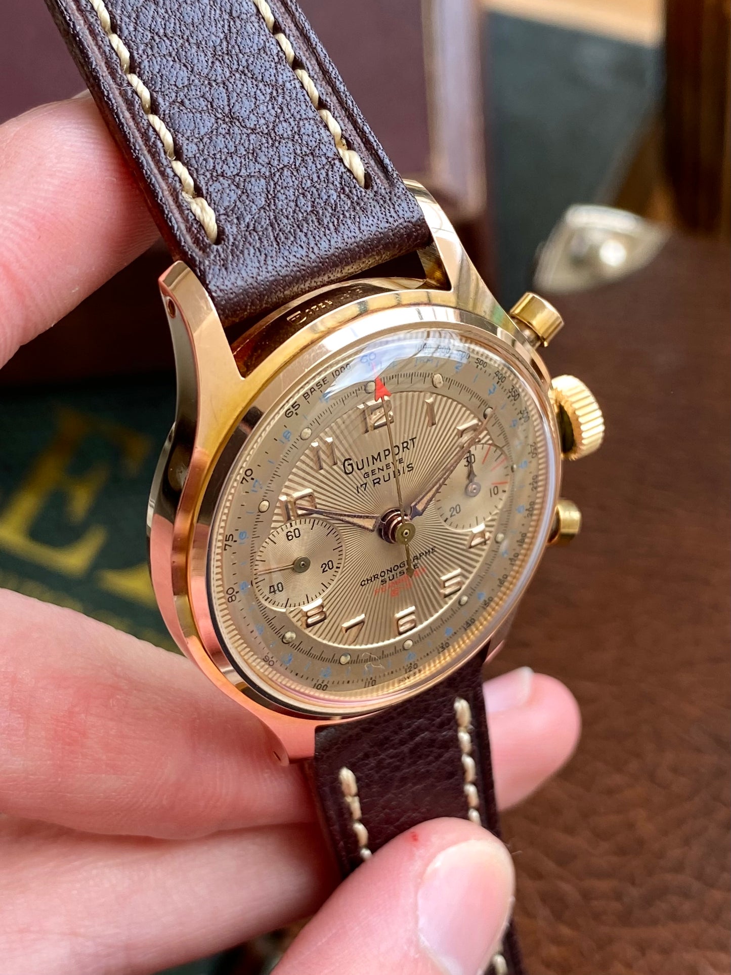 Guimport Genève Chronographe Suisse - Montre Vintage Mécanique Cadran Guilloché Plaqué Or - Landeron 151