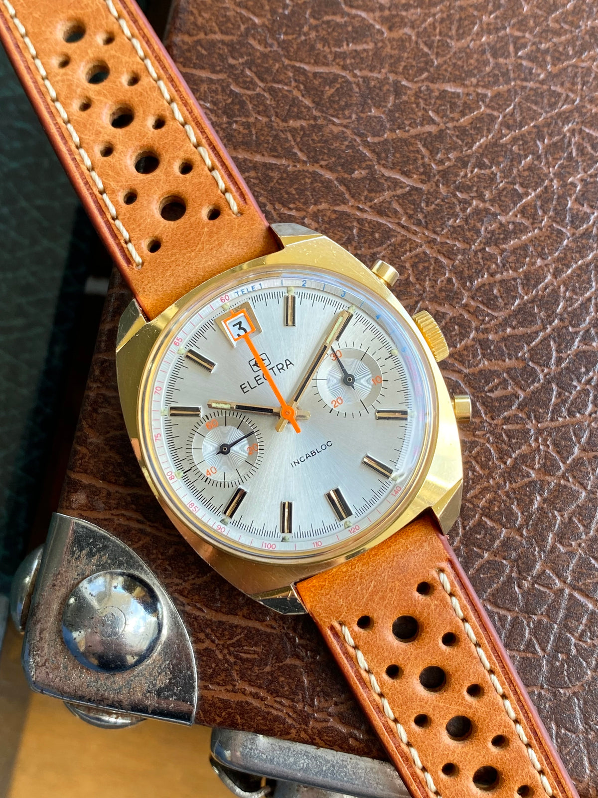 Electra Chronographe Montre Vintage Mécanique Valjoux 7734 Plaqué Or 1970
