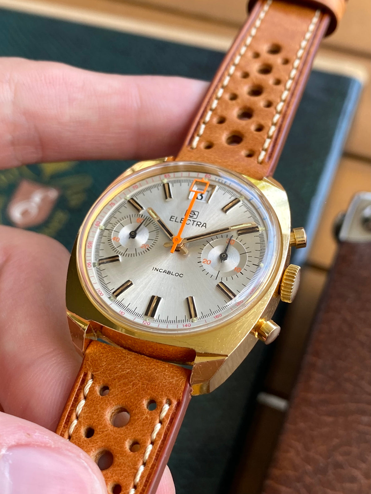 Electra Chronographe Montre Vintage Mécanique Valjoux 7734 Plaqué Or 1970