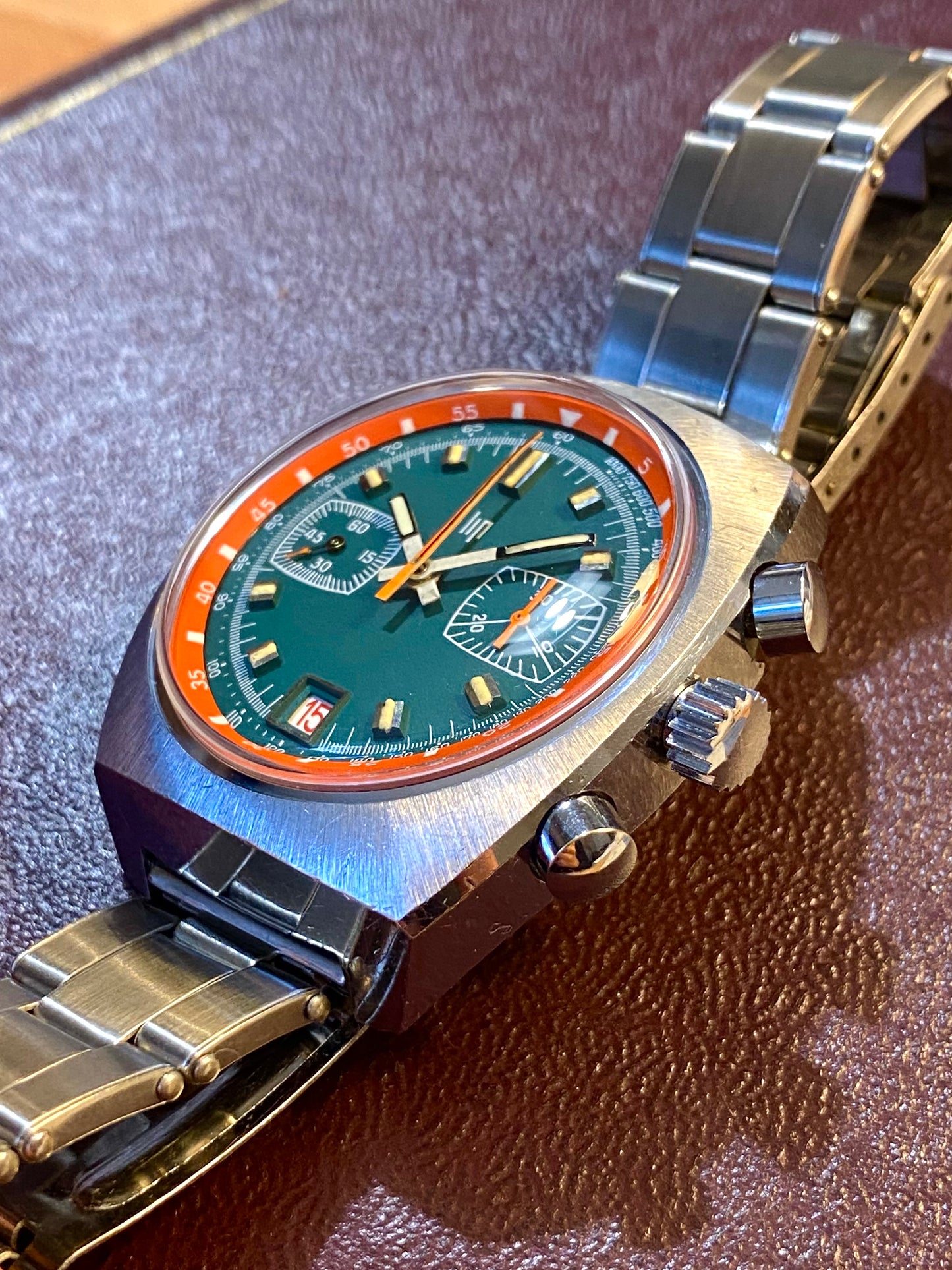 LIP Chronographe Montre Vintage Français - Cadran Vert & Orange - Valjoux 7734 Oversize - 1970