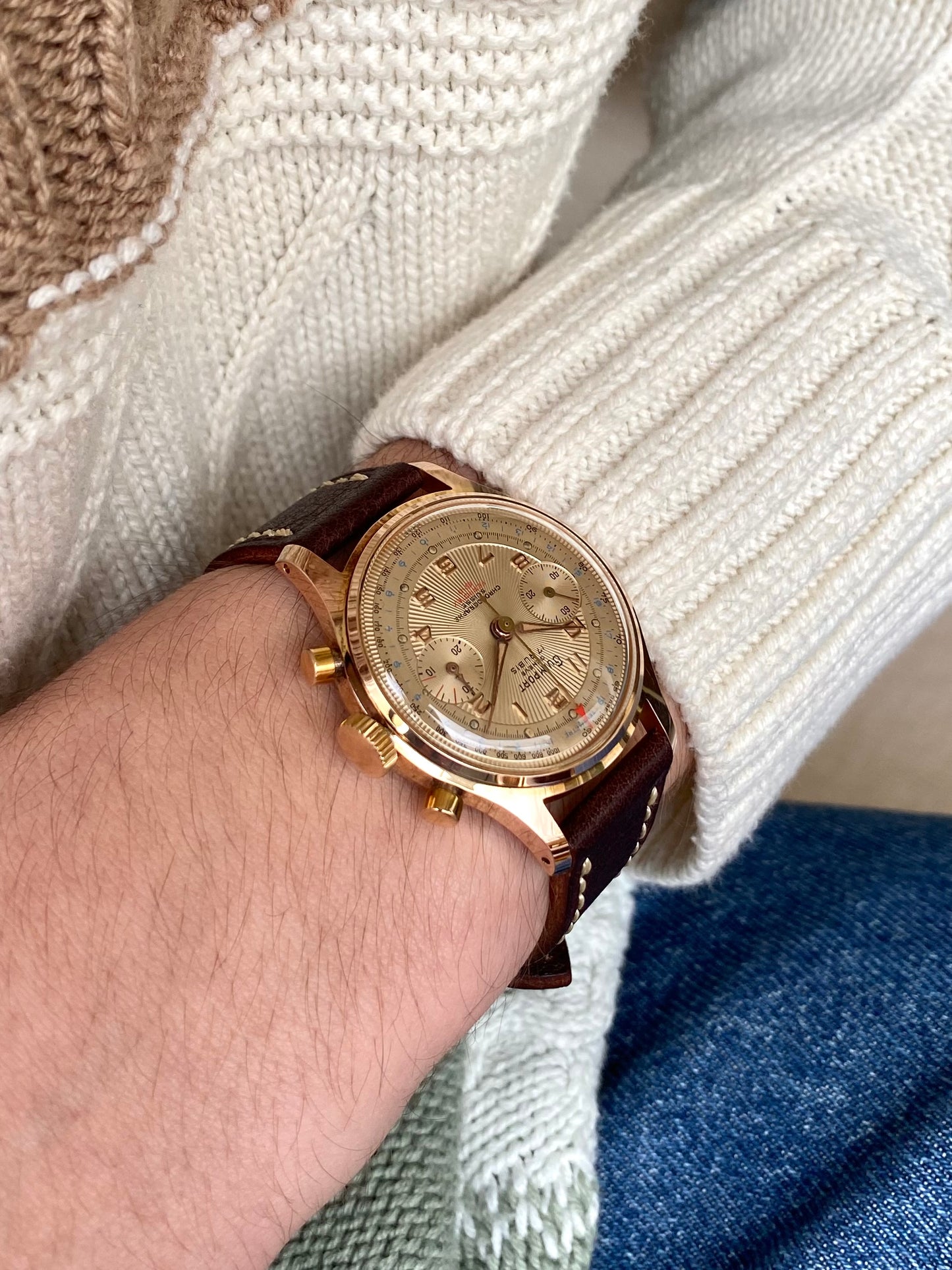 Guimport Genève Chronographe Suisse - Montre Vintage Mécanique Cadran Guilloché Plaqué Or - Landeron 151