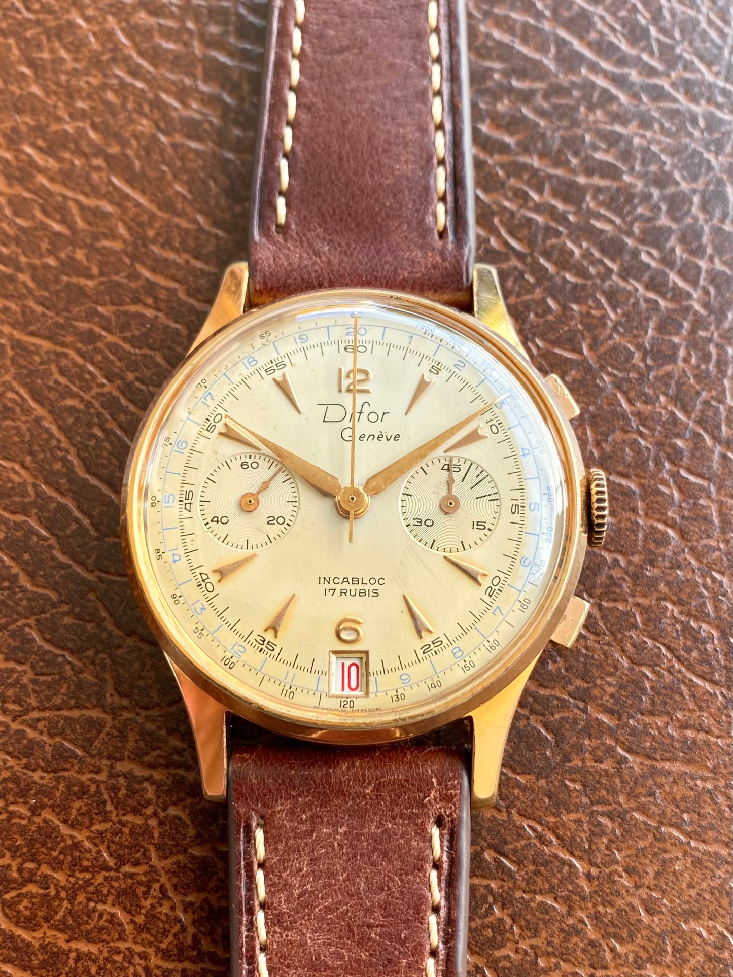 Difor Genève Chronographe Suisse Plaqué Or - Landeron 189 Date Montre Vintage Mécanique 1950