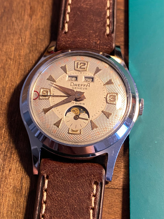 Dreffa Genève Triple Date Phase De Lune "Moonphase" Venus 203 Montre Vintage Mécanique 1960
