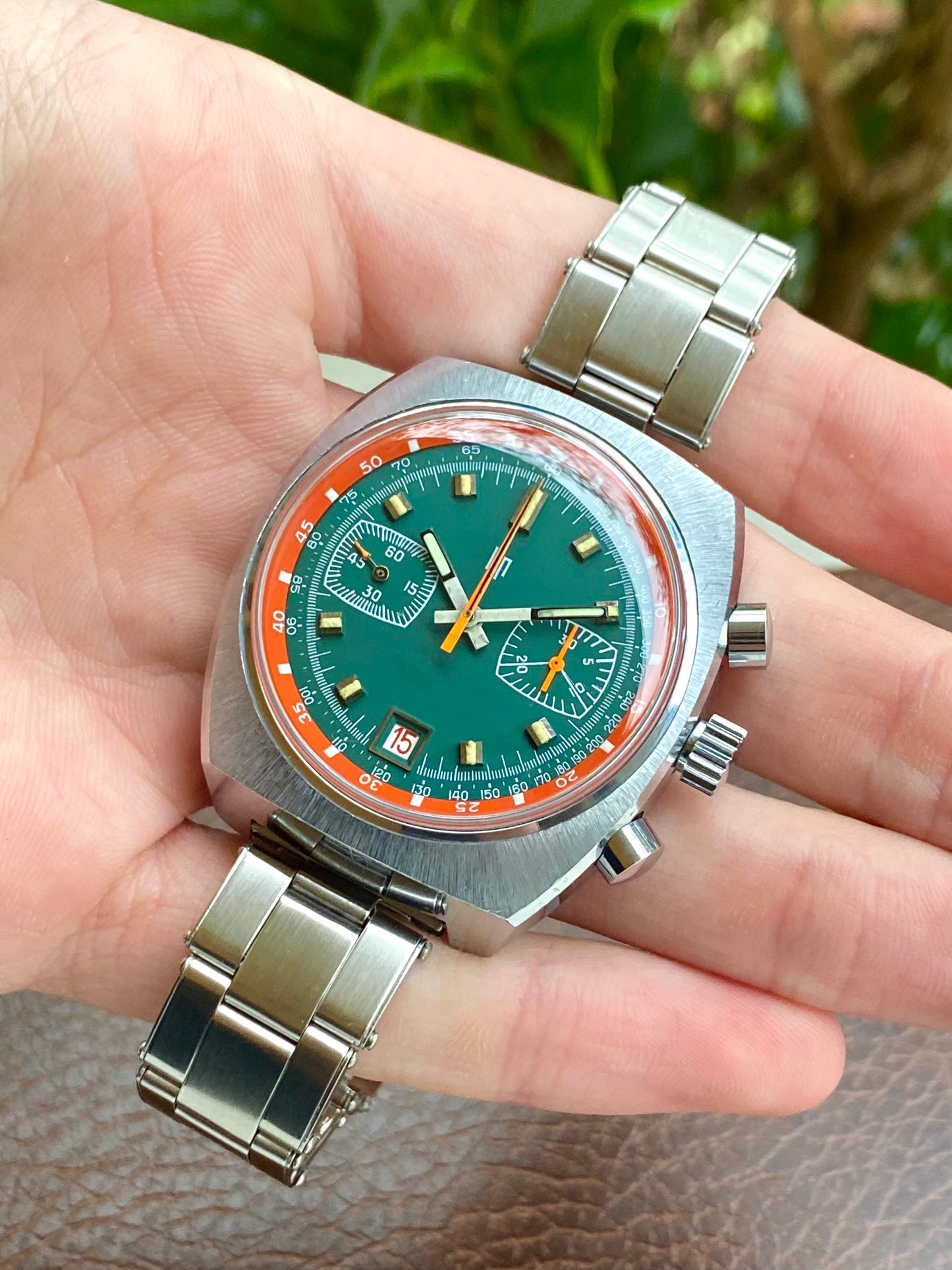 LIP Chronographe Montre Vintage Français - Cadran Vert & Orange - Valjoux 7734 Oversize - 1970
