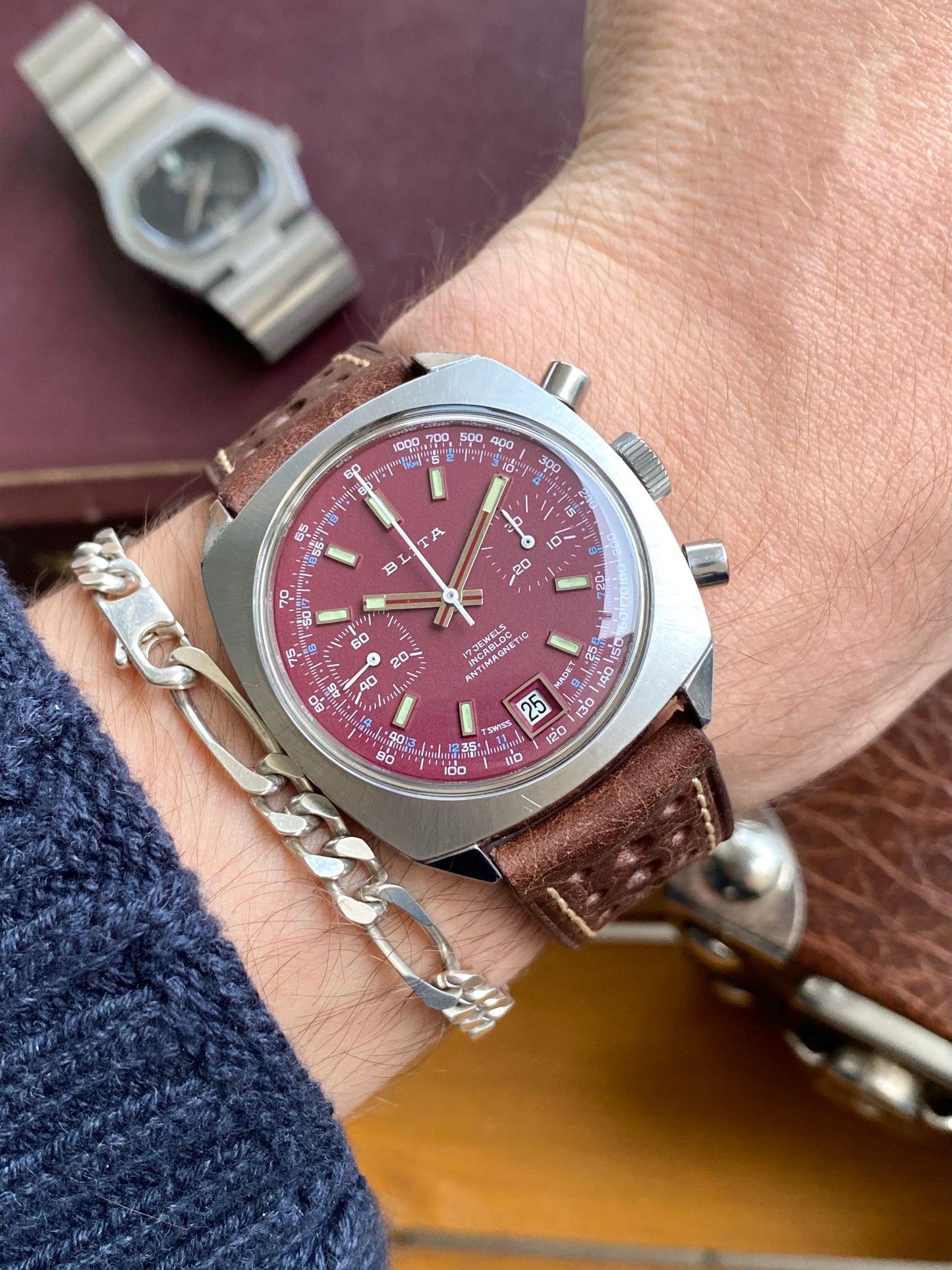 Blita Montre Vintage Chronographe Mécanique Valjoux 7734 - Cadran Bordeaux Sport Rallye 1970