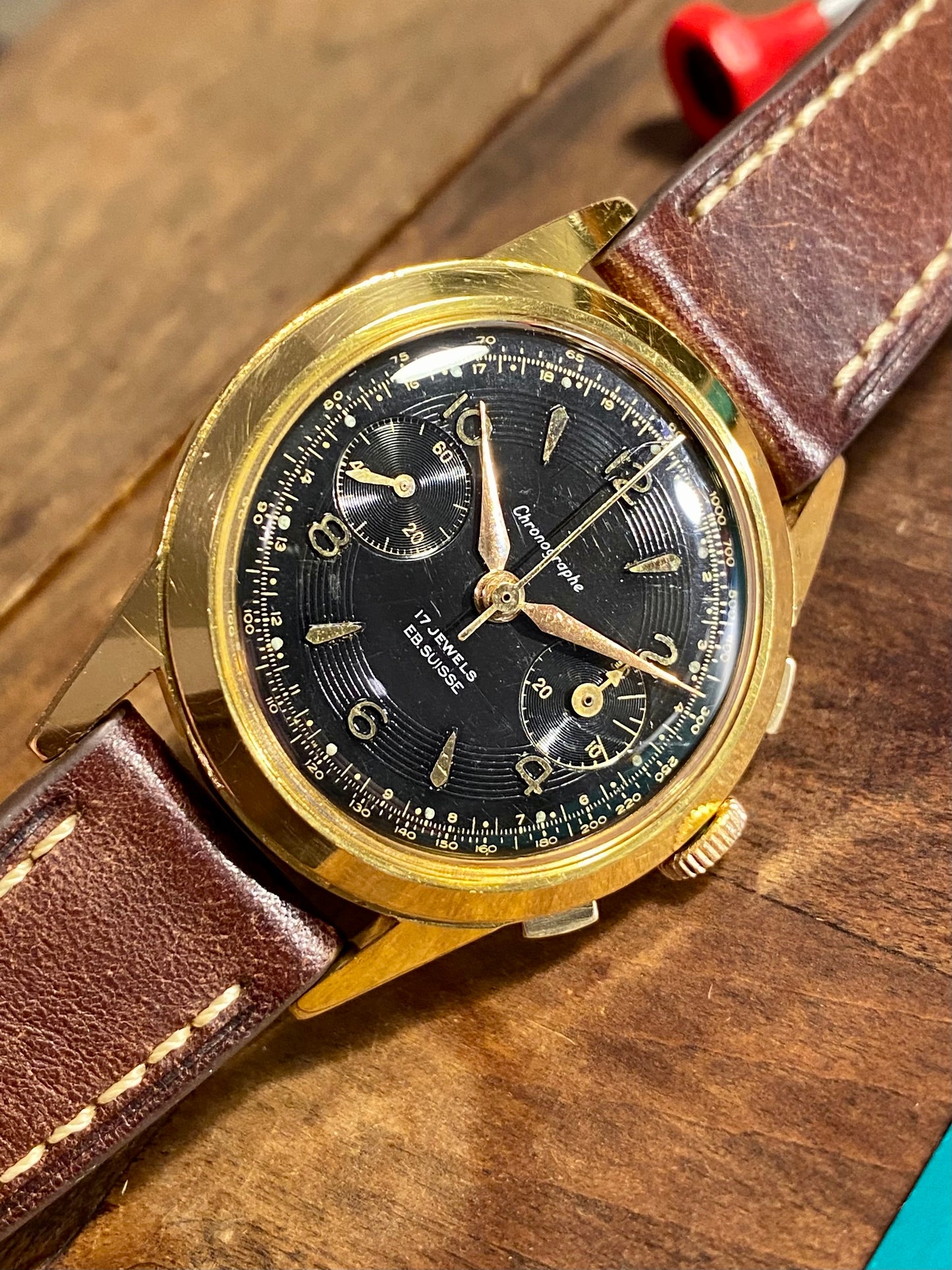 Chronographe Ébauche Suisse Landeron 50 Plaqué Or Montre Vintage Mécanique 1960